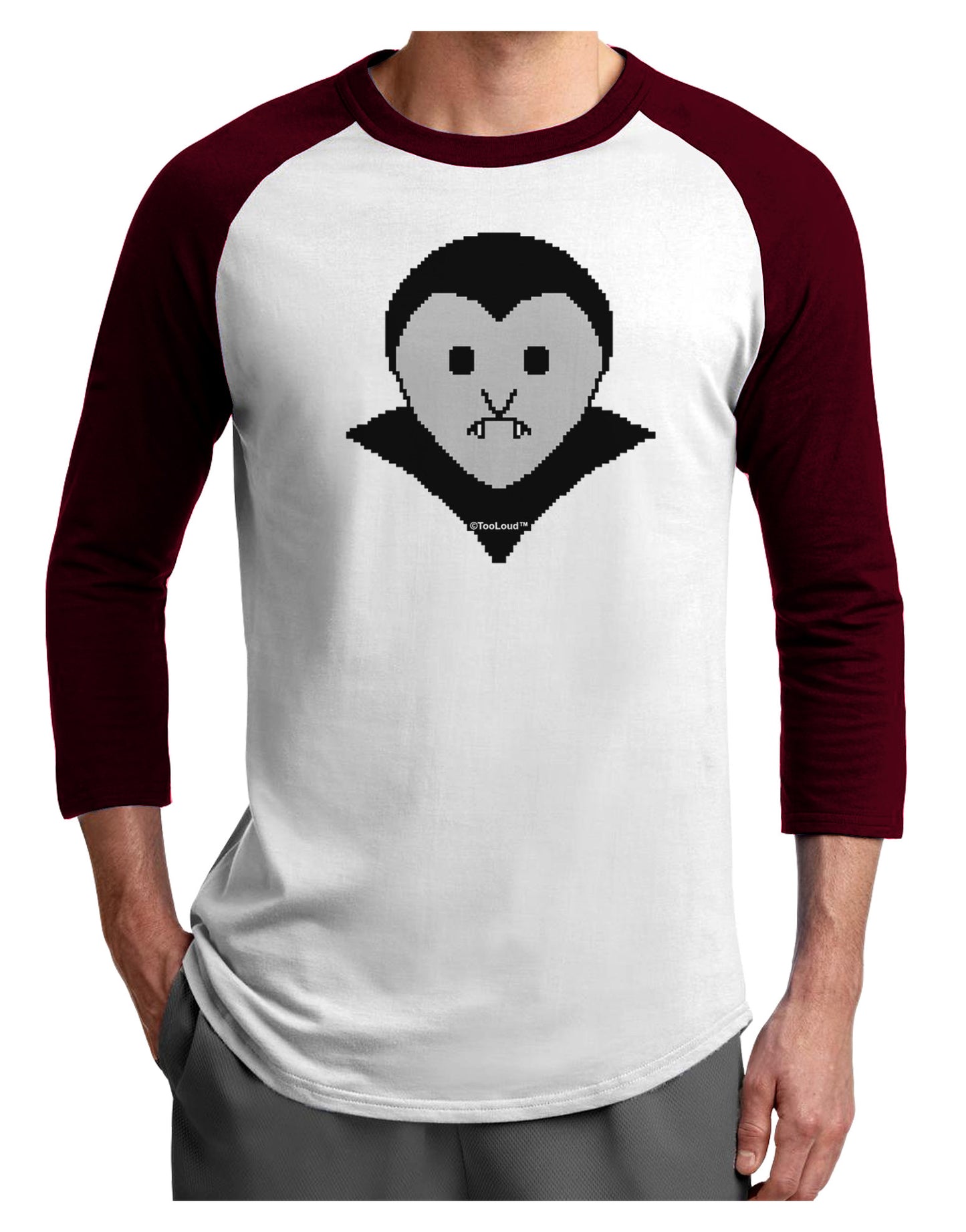 Cute Pixel Vampire Male Adult Raglan Shirt-TooLoud-White-Cardinal-X-Small-Davson Sales