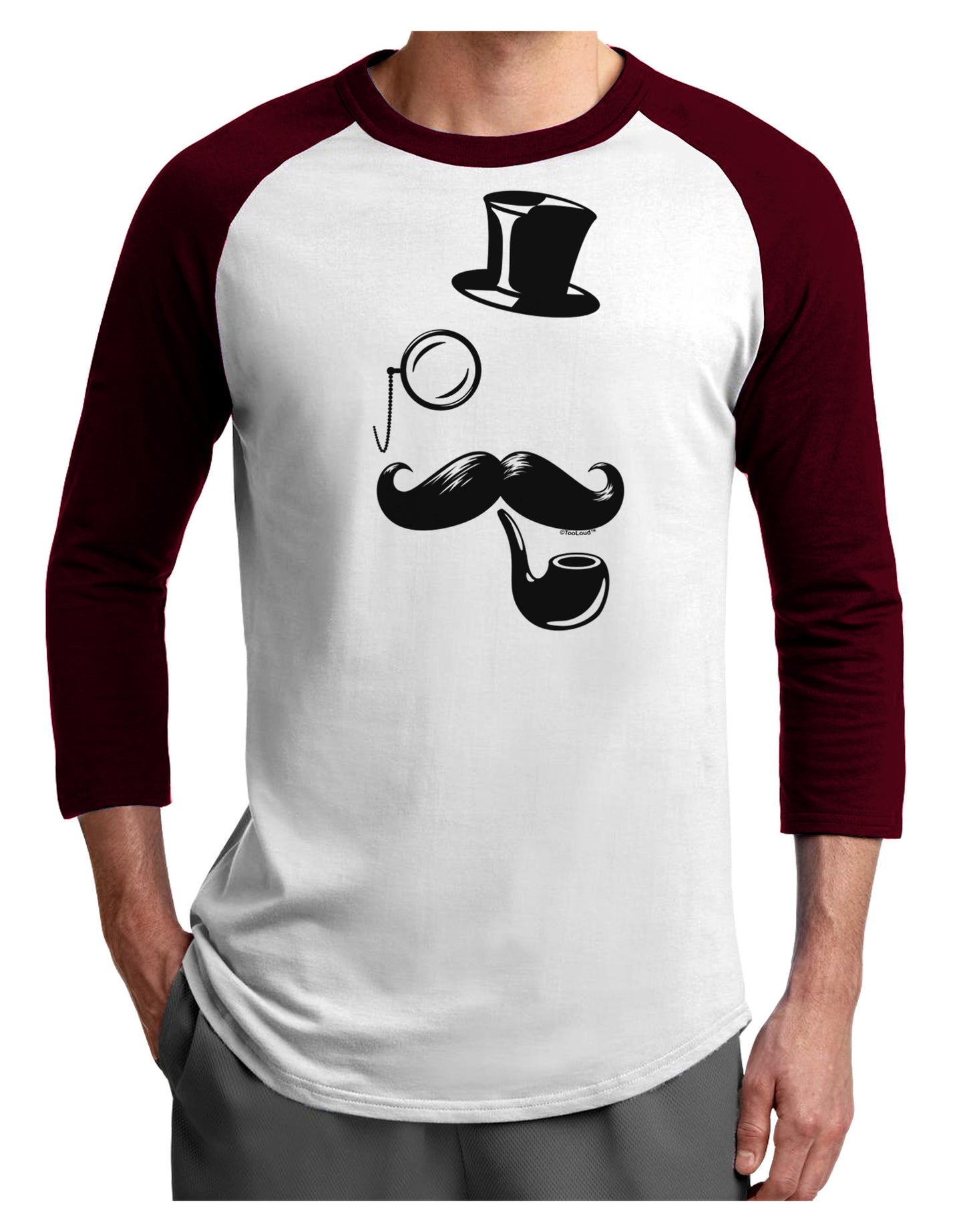 Tophat Mustache Pipe and Monocle Adult Raglan Shirt-Raglan Shirt-TooLoud-White-Cardinal-X-Small-Davson Sales