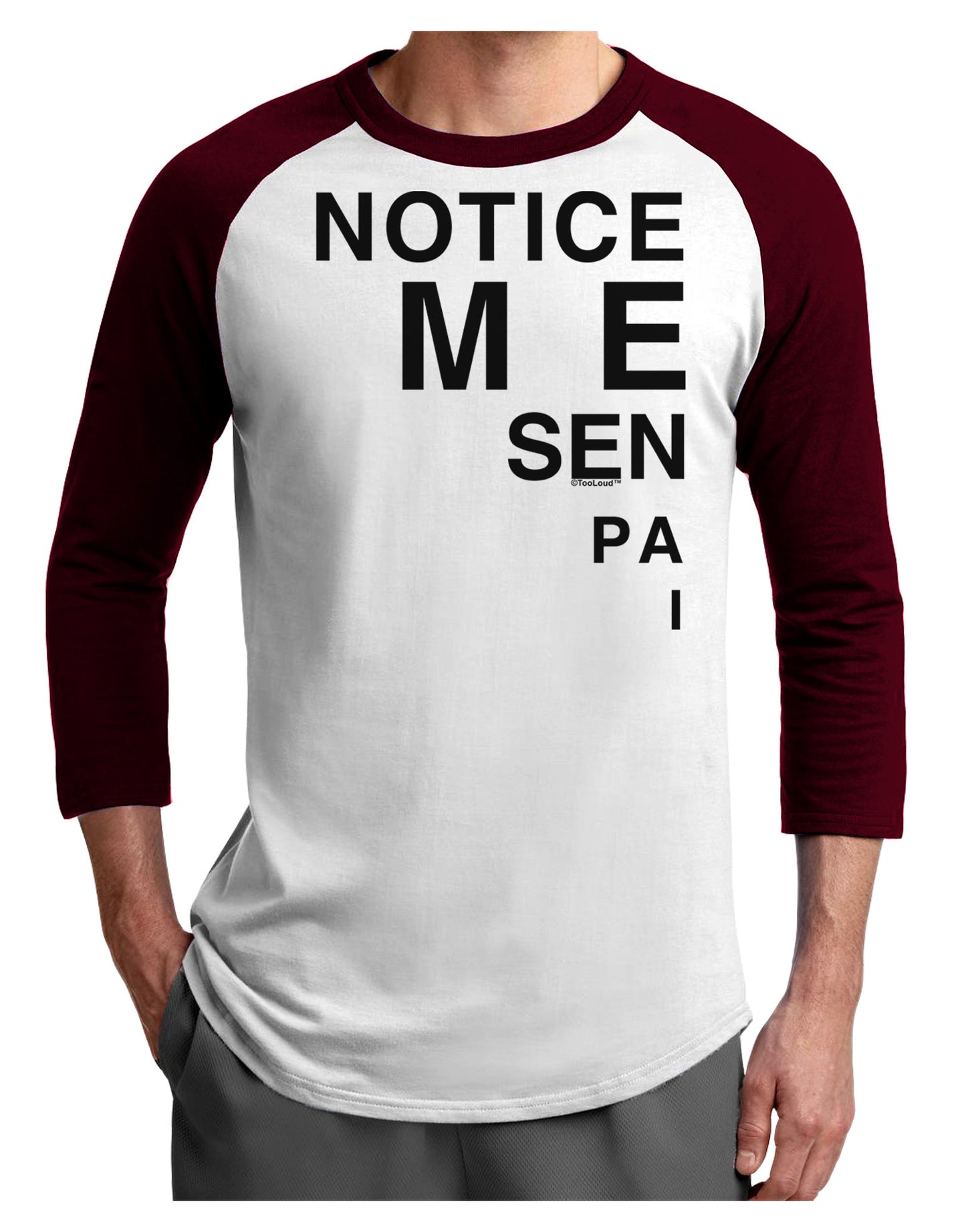 Notice Me Senpai Triangle Text Adult Raglan Shirt-Raglan Shirt-TooLoud-White-Cardinal-X-Small-Davson Sales