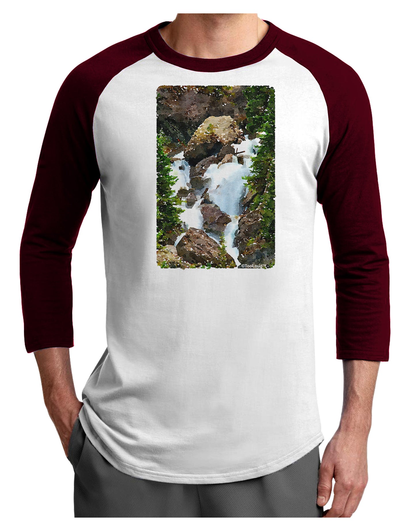 TooLoud Waterfall Watercolor Adult Raglan Shirt-TooLoud-White-Cardinal-X-Small-Davson Sales