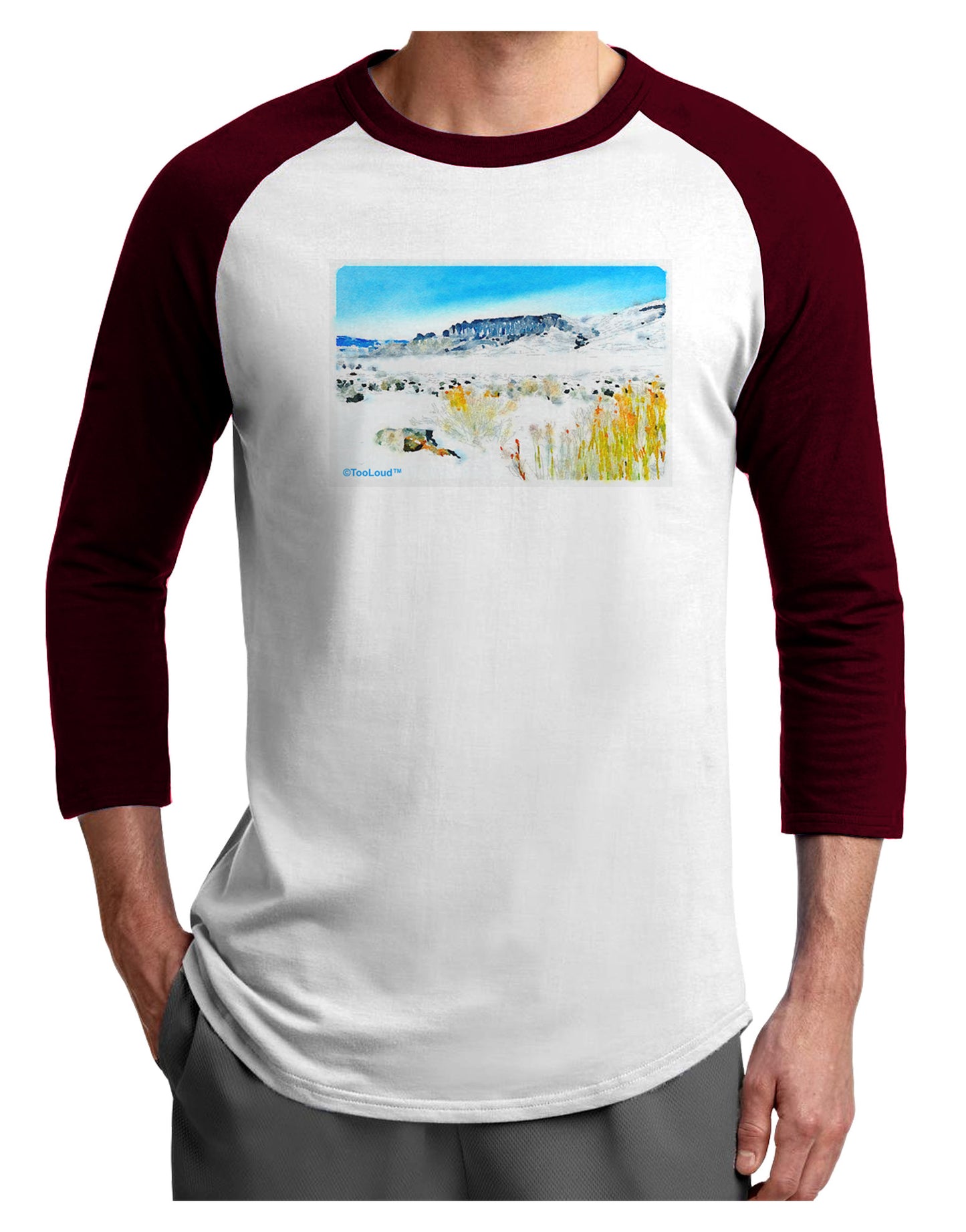 CO Snow Scene Watercolor Adult Raglan Shirt-Raglan Shirt-TooLoud-White-Cardinal-X-Small-Davson Sales
