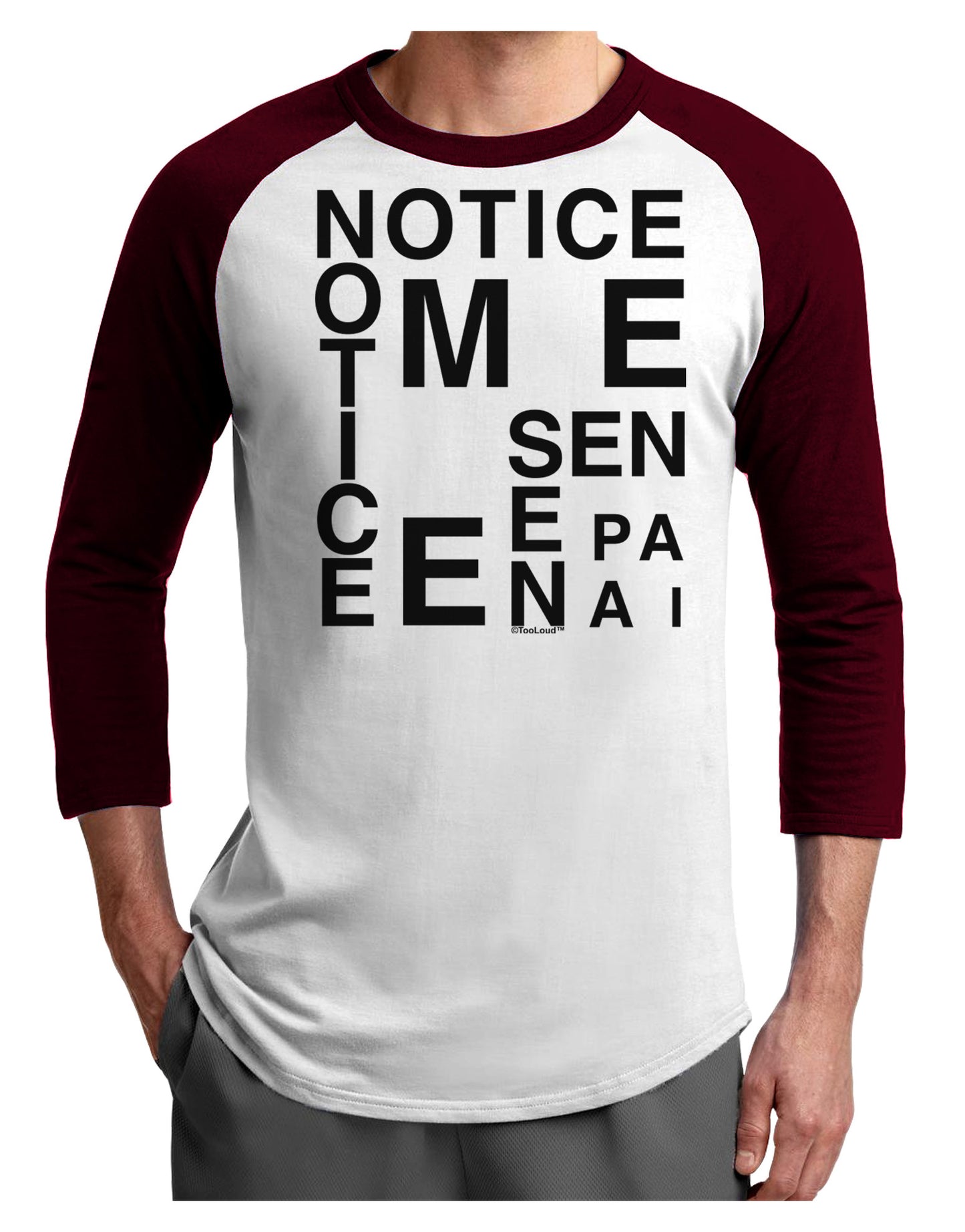 Notice Me Senpai Artistic Text Adult Raglan Shirt-Raglan Shirt-TooLoud-White-Cardinal-X-Small-Davson Sales