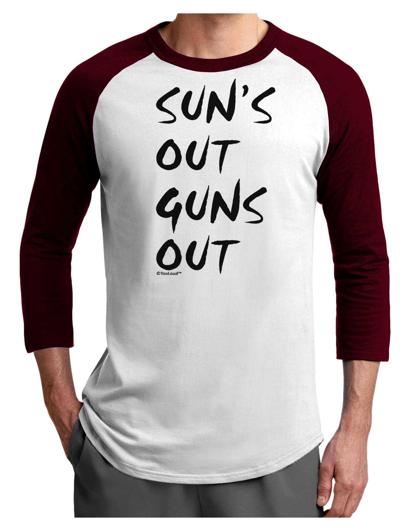 Suns Out Guns Out Adult Raglan Shirt-TooLoud-White-Cardinal-X-Small-Davson Sales