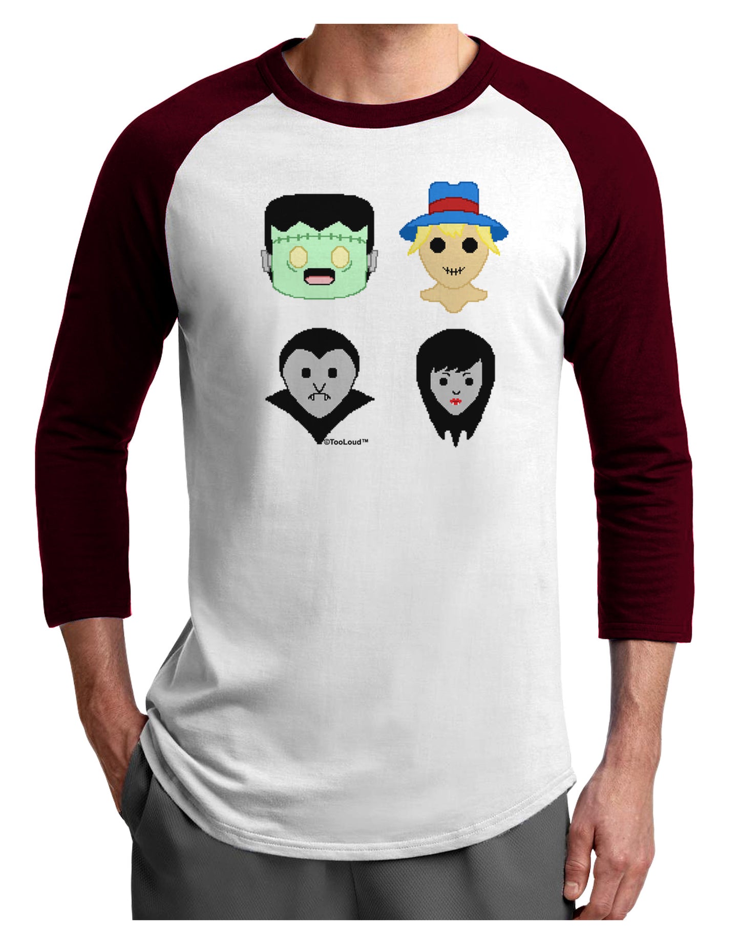 Cute Pixel Monsters Adult Raglan Shirt-TooLoud-White-Cardinal-X-Small-Davson Sales