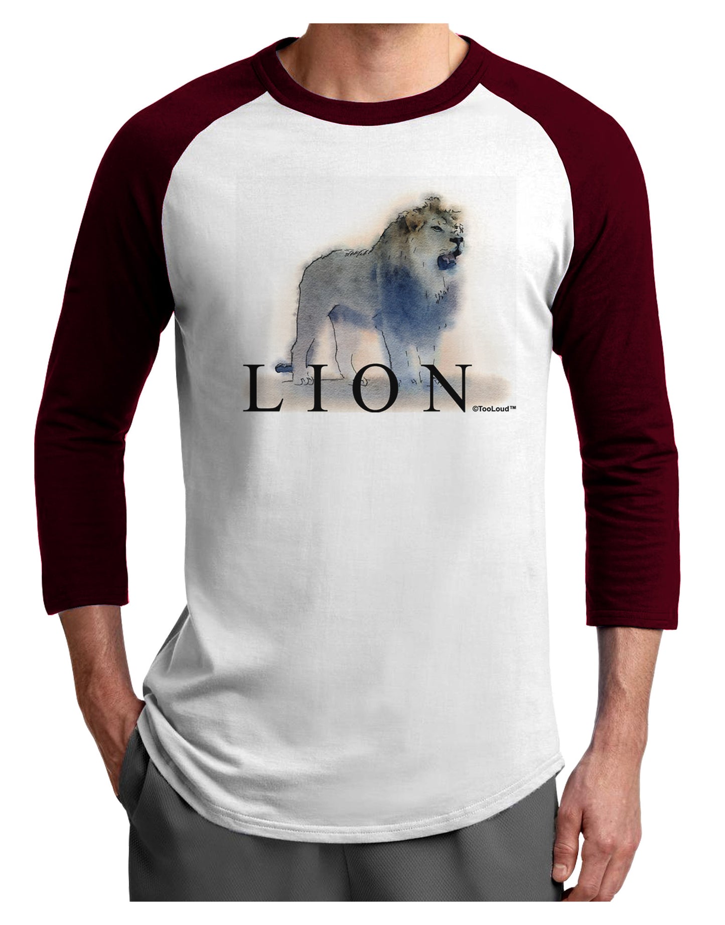 Lion Watercolor B Text Adult Raglan Shirt-TooLoud-White-Cardinal-X-Small-Davson Sales