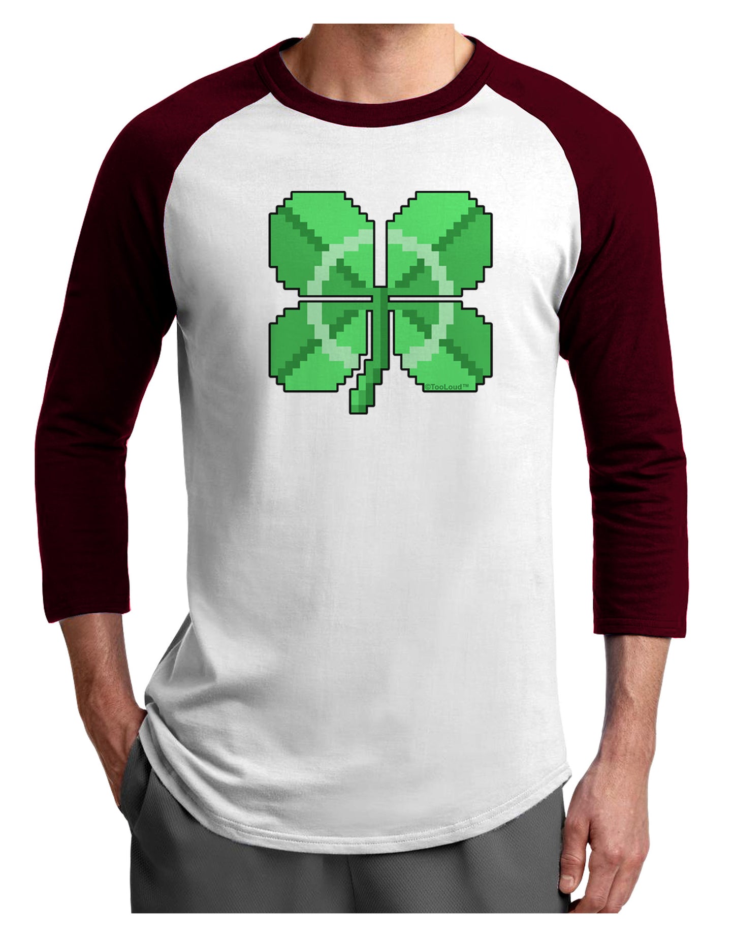 Pixel Four Leaf Clover Adult Raglan Shirt-TooLoud-White-Cardinal-X-Small-Davson Sales