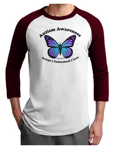 Autism Awareness - Puzzle Piece Butterfly Adult Raglan Shirt-TooLoud-White-Cardinal-X-Small-Davson Sales