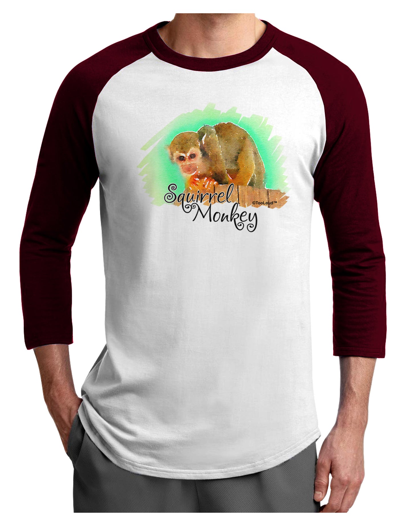 Squirrel Monkey Watercolor Text Adult Raglan Shirt-TooLoud-White-Cardinal-X-Small-Davson Sales