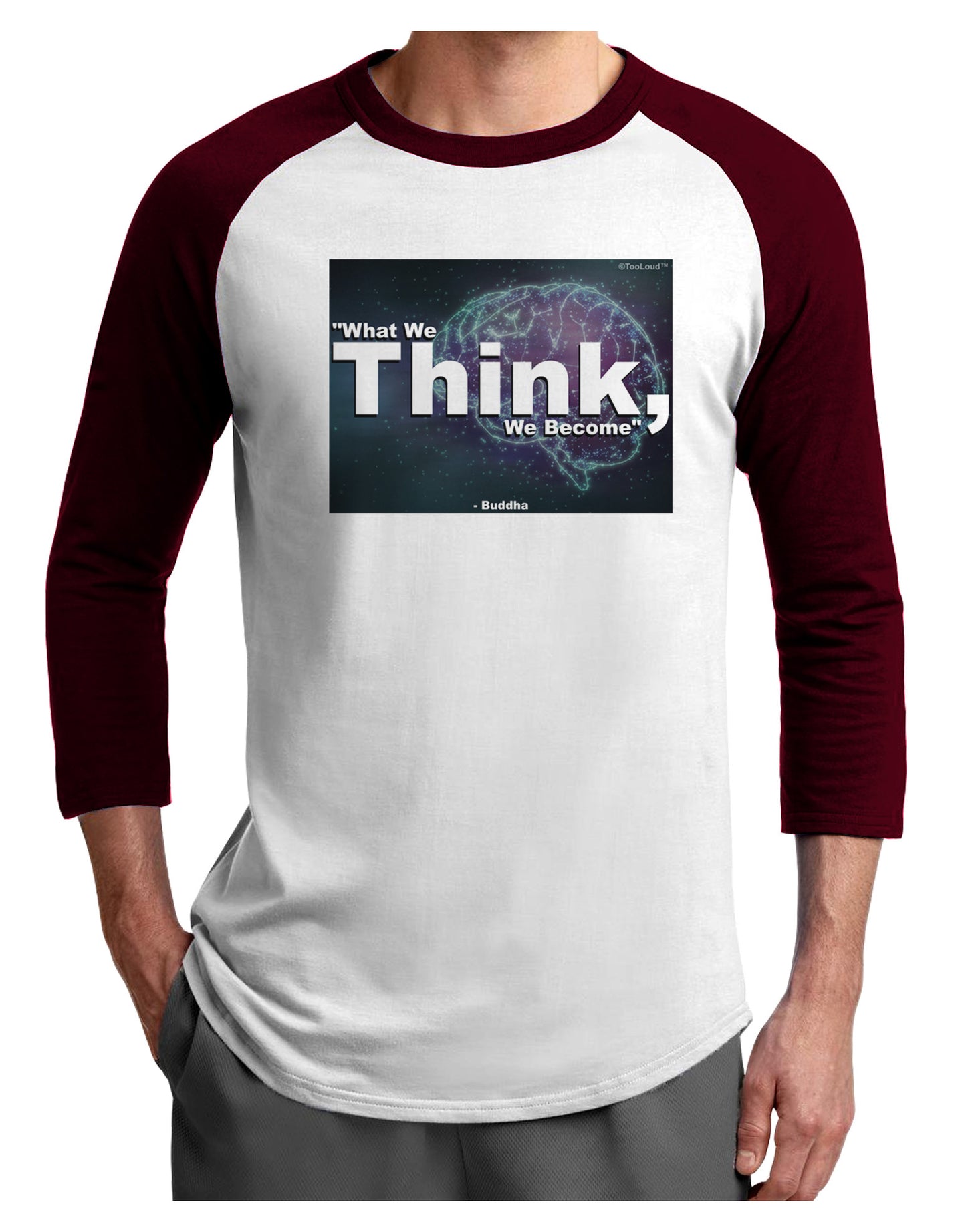 TooLoud What We Think Buddha Adult Raglan Shirt-Raglan Shirt-TooLoud-White-Cardinal-X-Small-Davson Sales