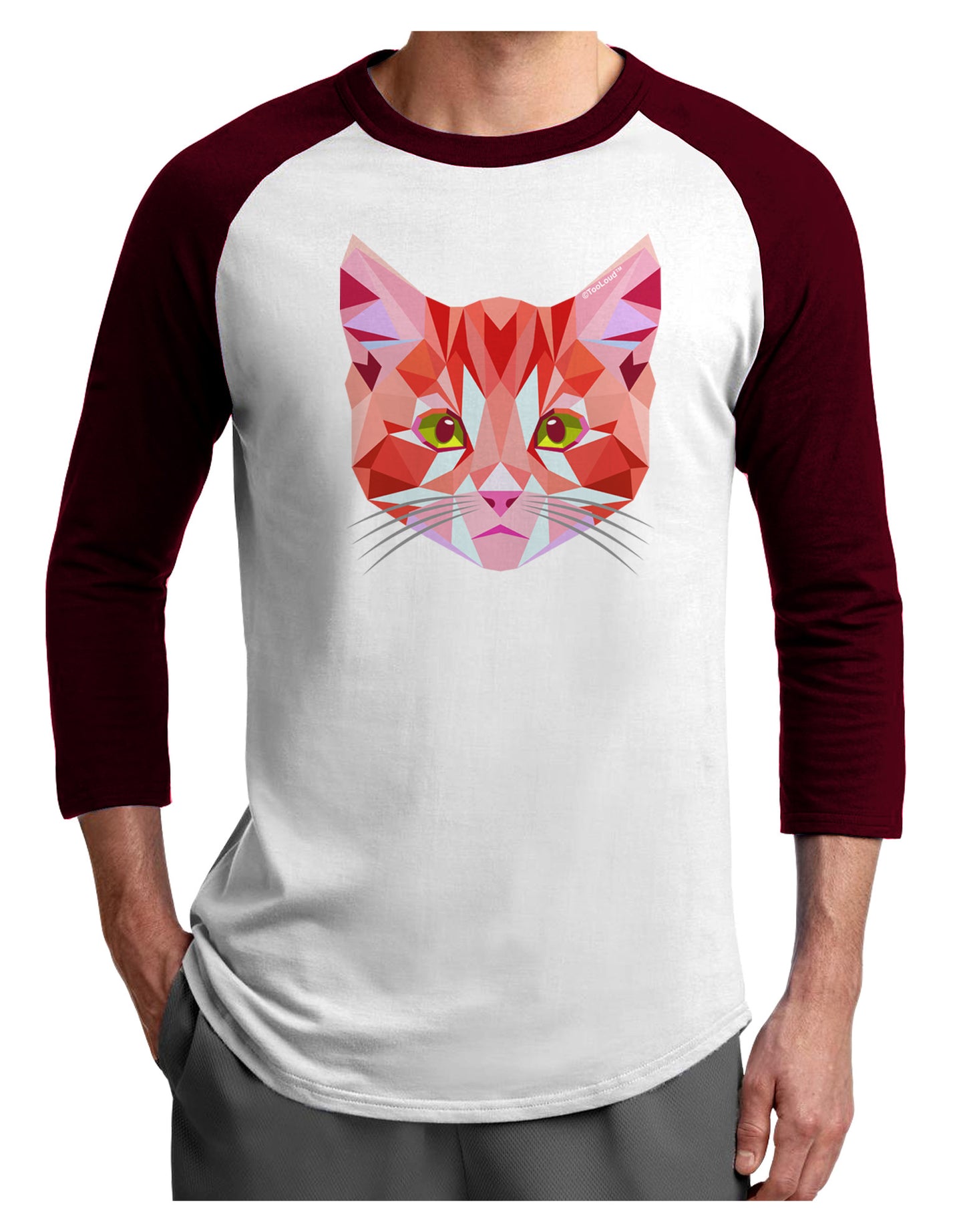 Geometric Kitty Red Adult Raglan Shirt-Raglan Shirt-TooLoud-White-Cardinal-X-Small-Davson Sales