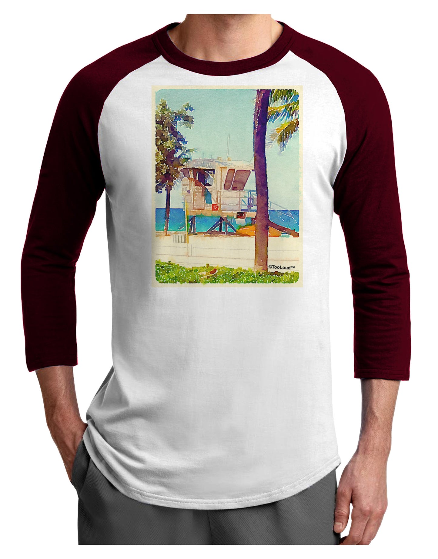 Lifeguard Station Watercolor Adult Raglan Shirt-TooLoud-White-Cardinal-X-Small-Davson Sales