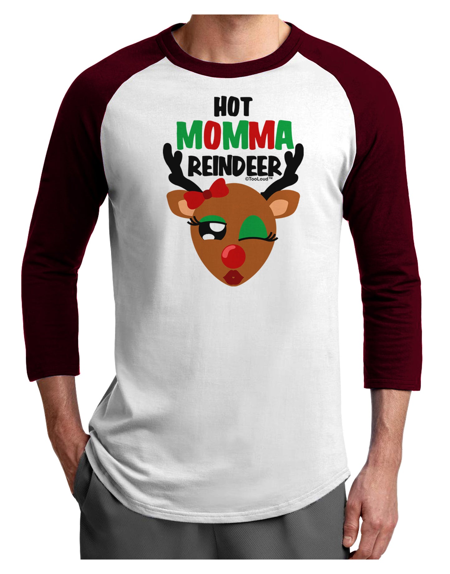 Hot Momma Reindeer Matching Deer Adult Raglan Shirt-Raglan Shirt-TooLoud-White-Cardinal-X-Small-Davson Sales