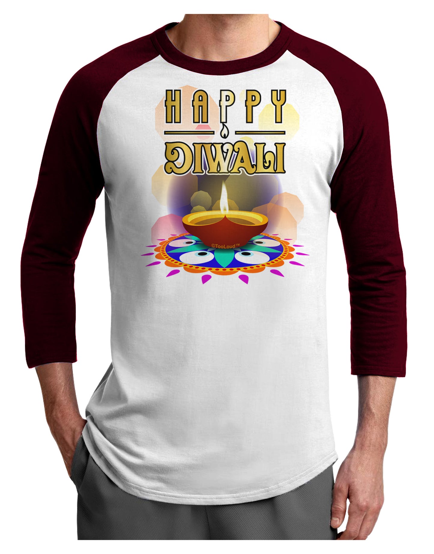 Happy Diwali - Rangoli and Diya Adult Raglan Shirt by-Raglan Shirt-TooLoud-White-Cardinal-X-Small-Davson Sales