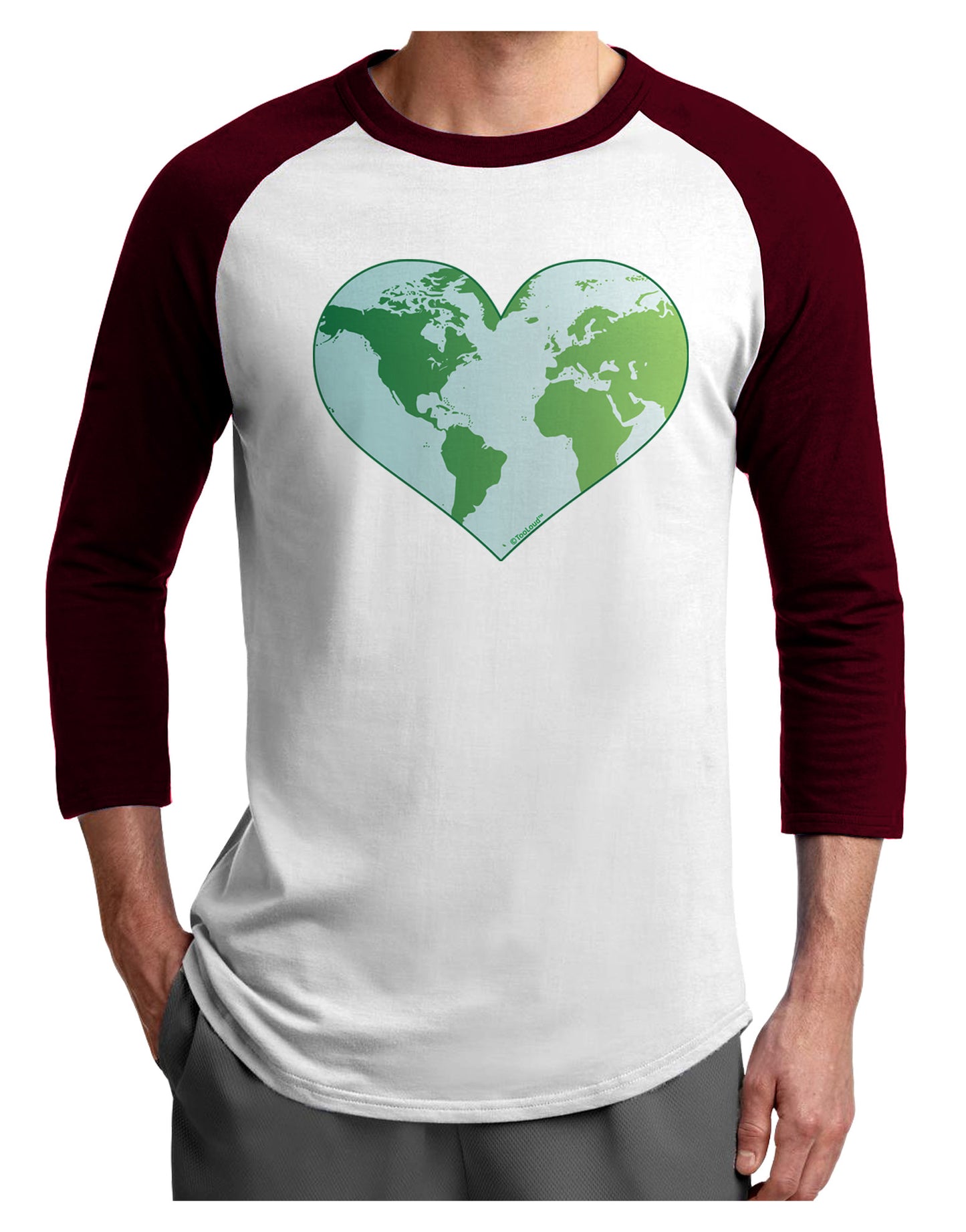 TooLoud World Globe Heart Adult Raglan Shirt-TooLoud-White-Cardinal-X-Small-Davson Sales