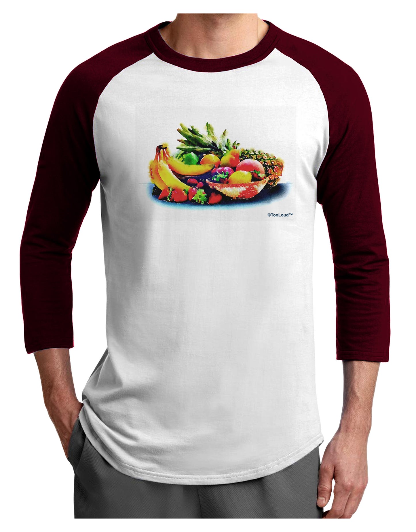 TooLoud Watercolor Fruit Bowl 3 Adult Raglan Shirt-TooLoud-White-Cardinal-X-Small-Davson Sales