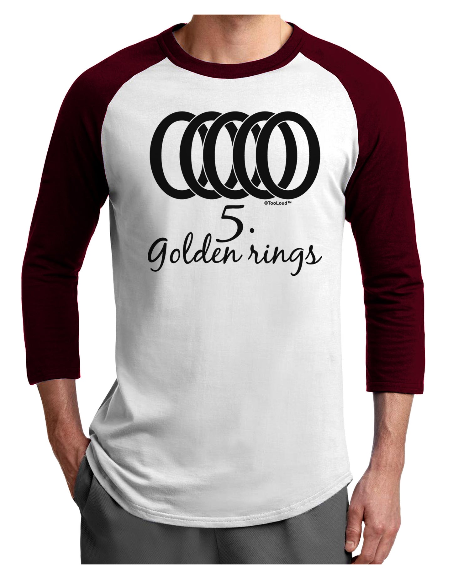 Five Golden Rings Text Adult Raglan Shirt-TooLoud-White-Cardinal-X-Small-Davson Sales