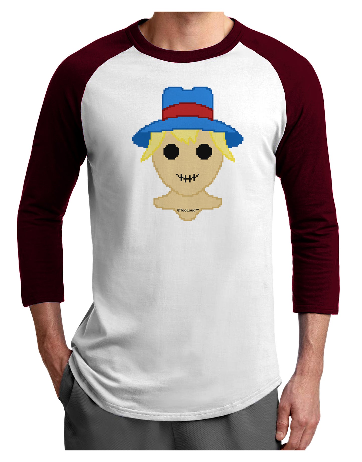 Cute Pixel Scarecrow Adult Raglan Shirt-TooLoud-White-Cardinal-X-Small-Davson Sales