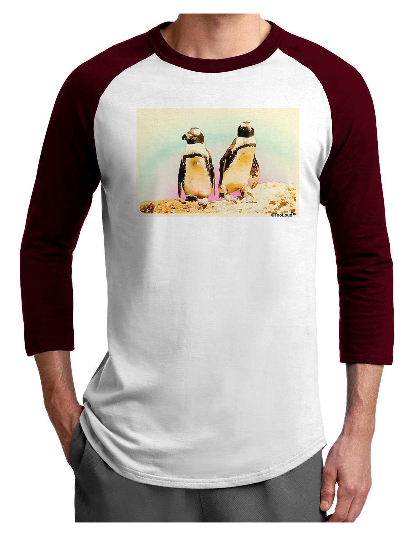 Magellanic Penguin Watercolor Adult Raglan Shirt-TooLoud-White-Cardinal-X-Small-Davson Sales