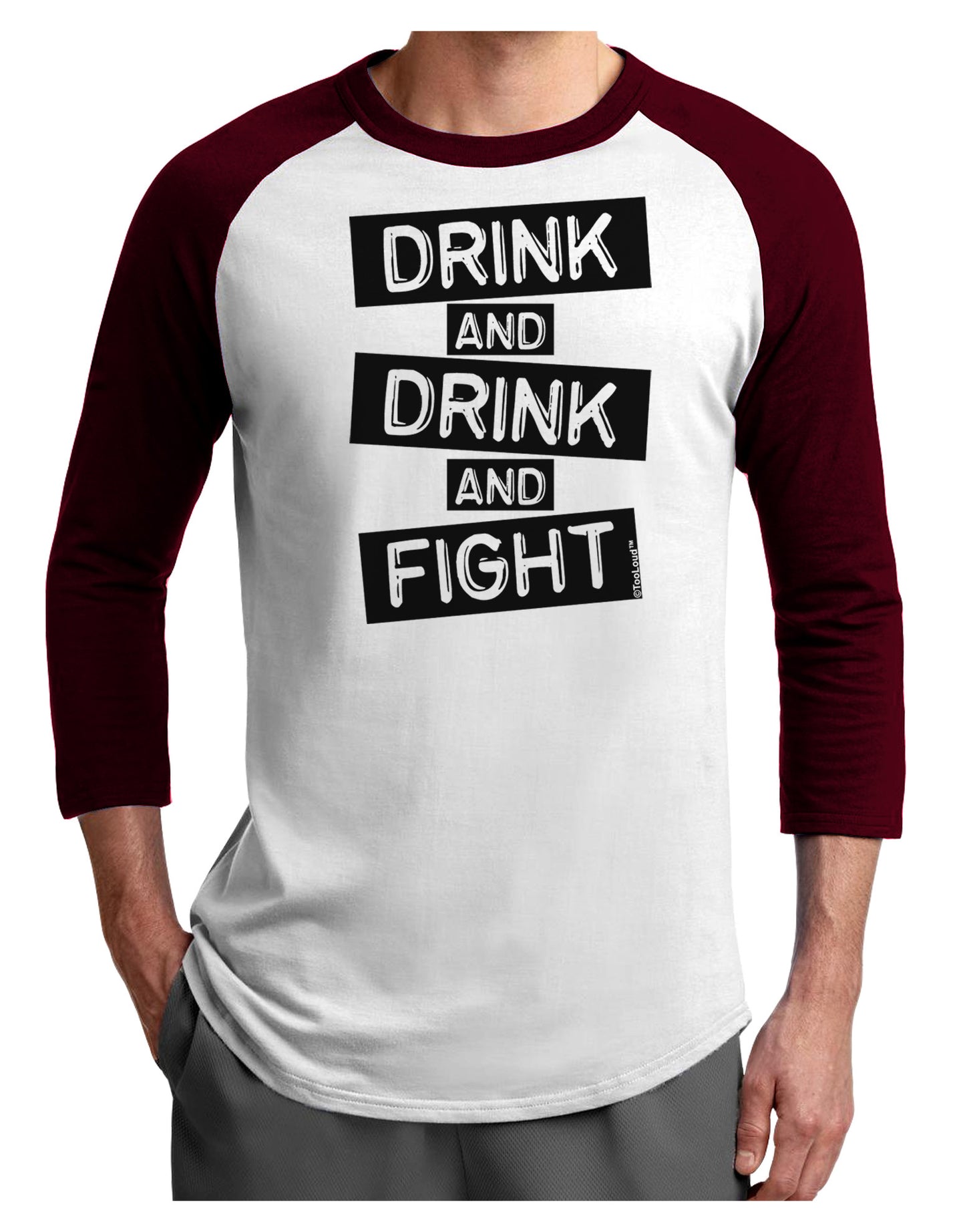 Drink and Drink and Fight Adult Raglan Shirt-TooLoud-White-Cardinal-X-Small-Davson Sales