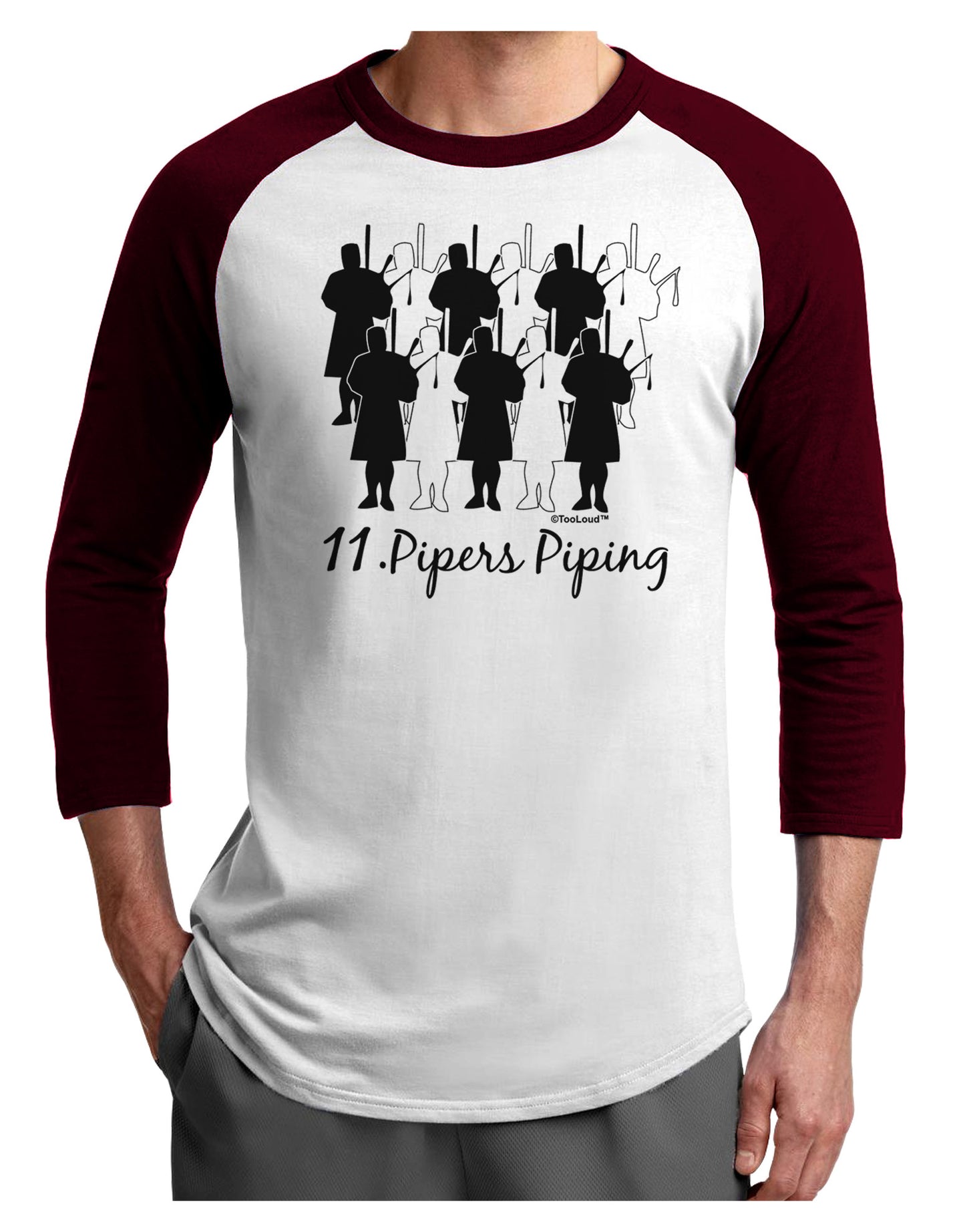 Eleven Pipers Piping Text Adult Raglan Shirt-TooLoud-White-Cardinal-X-Small-Davson Sales
