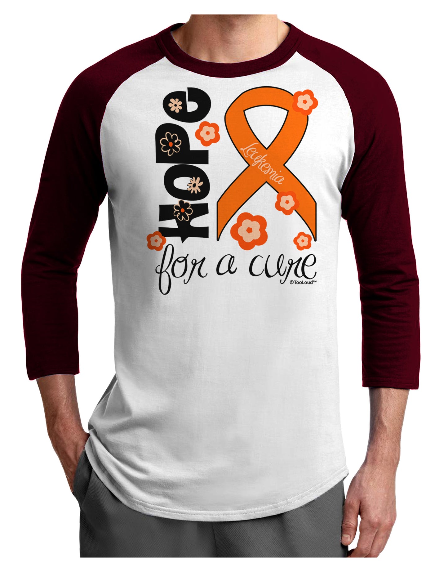 Hope for a Cure - Orange Ribbon Leukemia - Flowers Adult Raglan Shirt-TooLoud-White-Cardinal-X-Small-Davson Sales