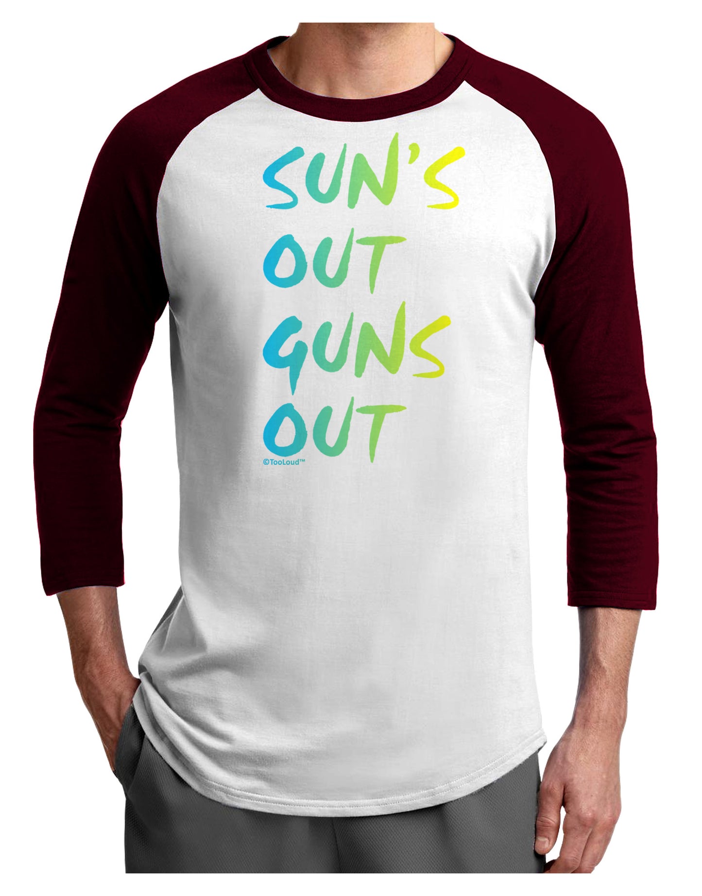 Suns Out Guns Out - Gradient Colors Adult Raglan Shirt-TooLoud-White-Cardinal-X-Small-Davson Sales