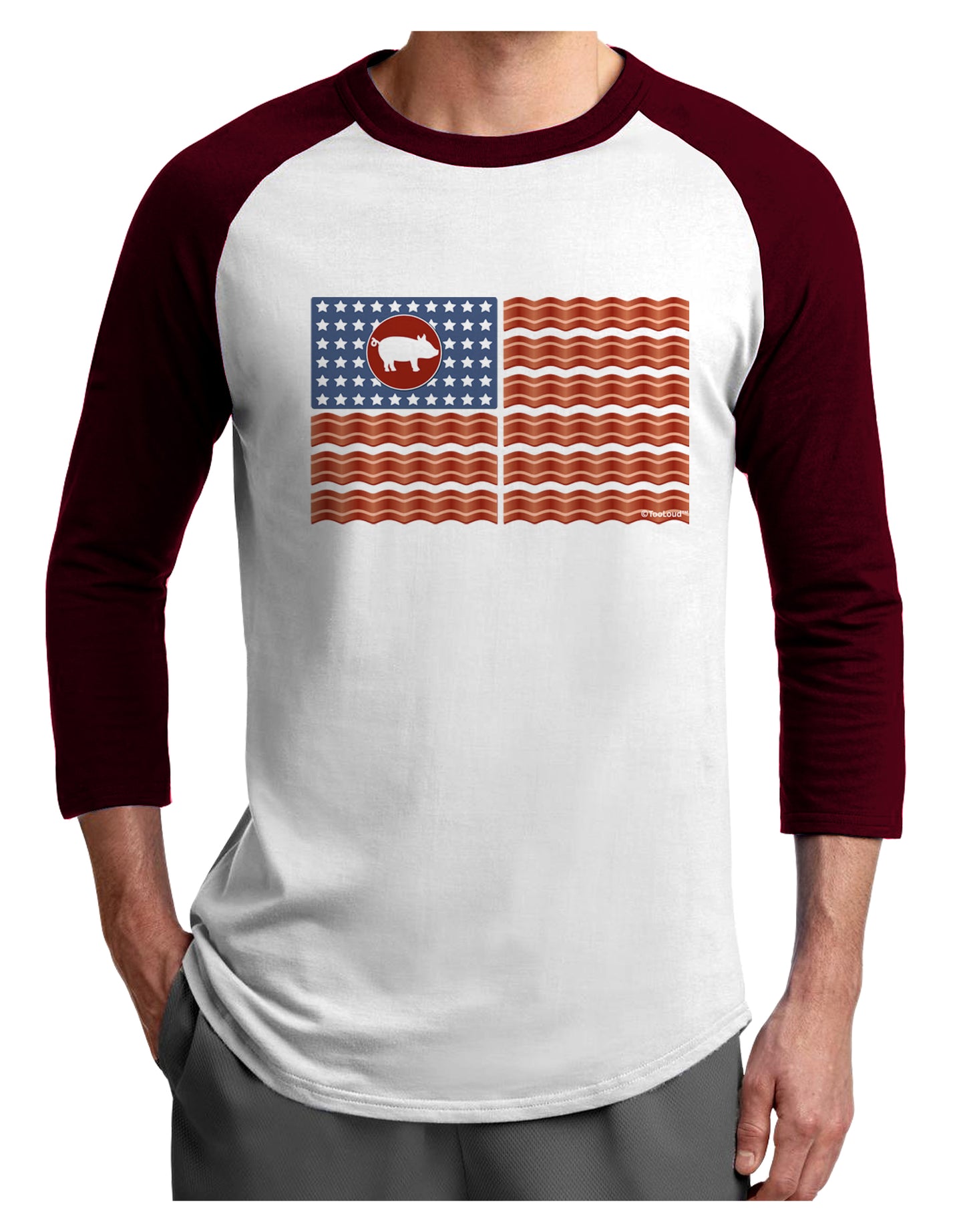 American Bacon Flag Adult Raglan Shirt-TooLoud-White-Cardinal-X-Small-Davson Sales