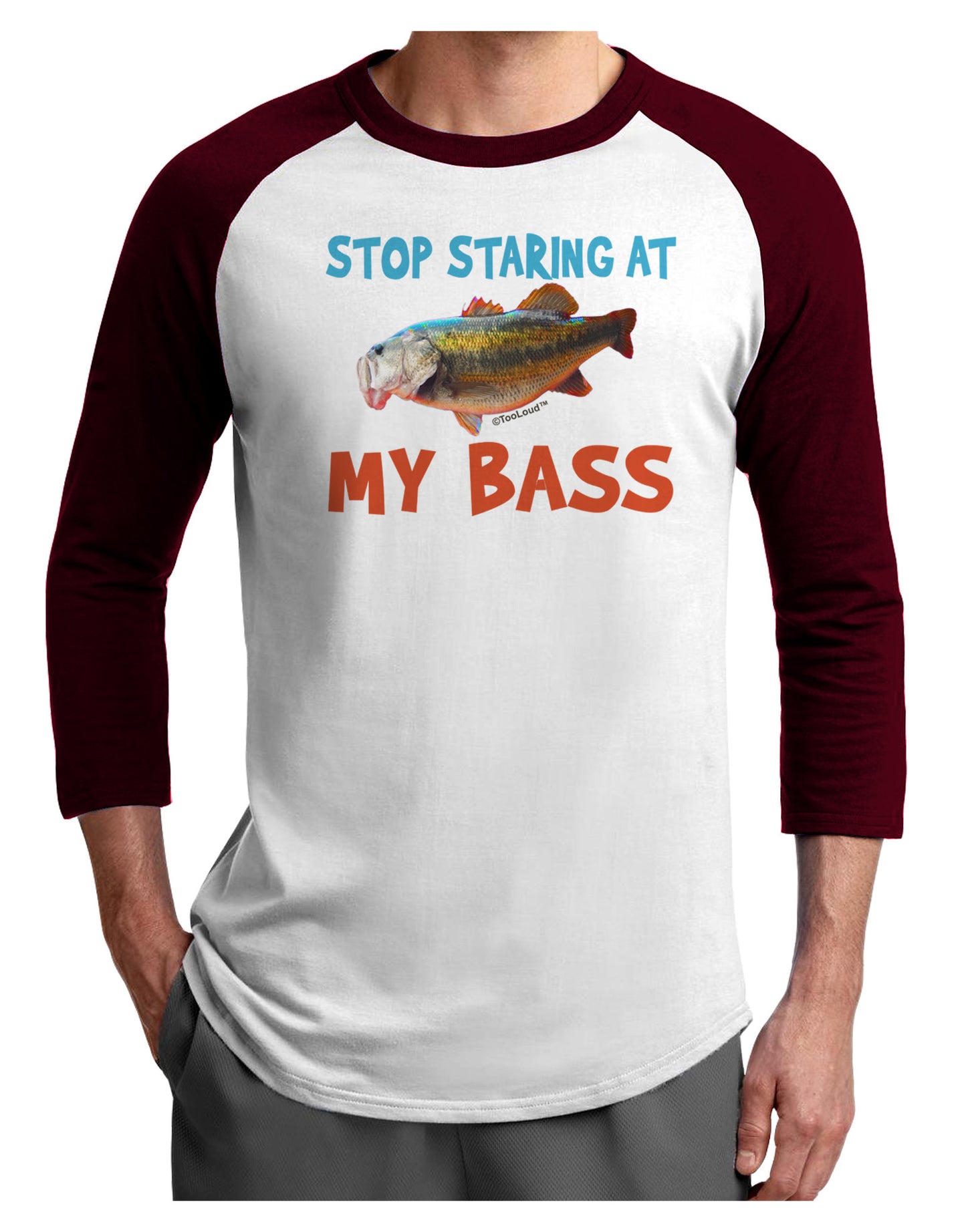 Stop Staring At My Bass Adult Raglan Shirt-Raglan Shirt-TooLoud-White-Cardinal-X-Small-Davson Sales
