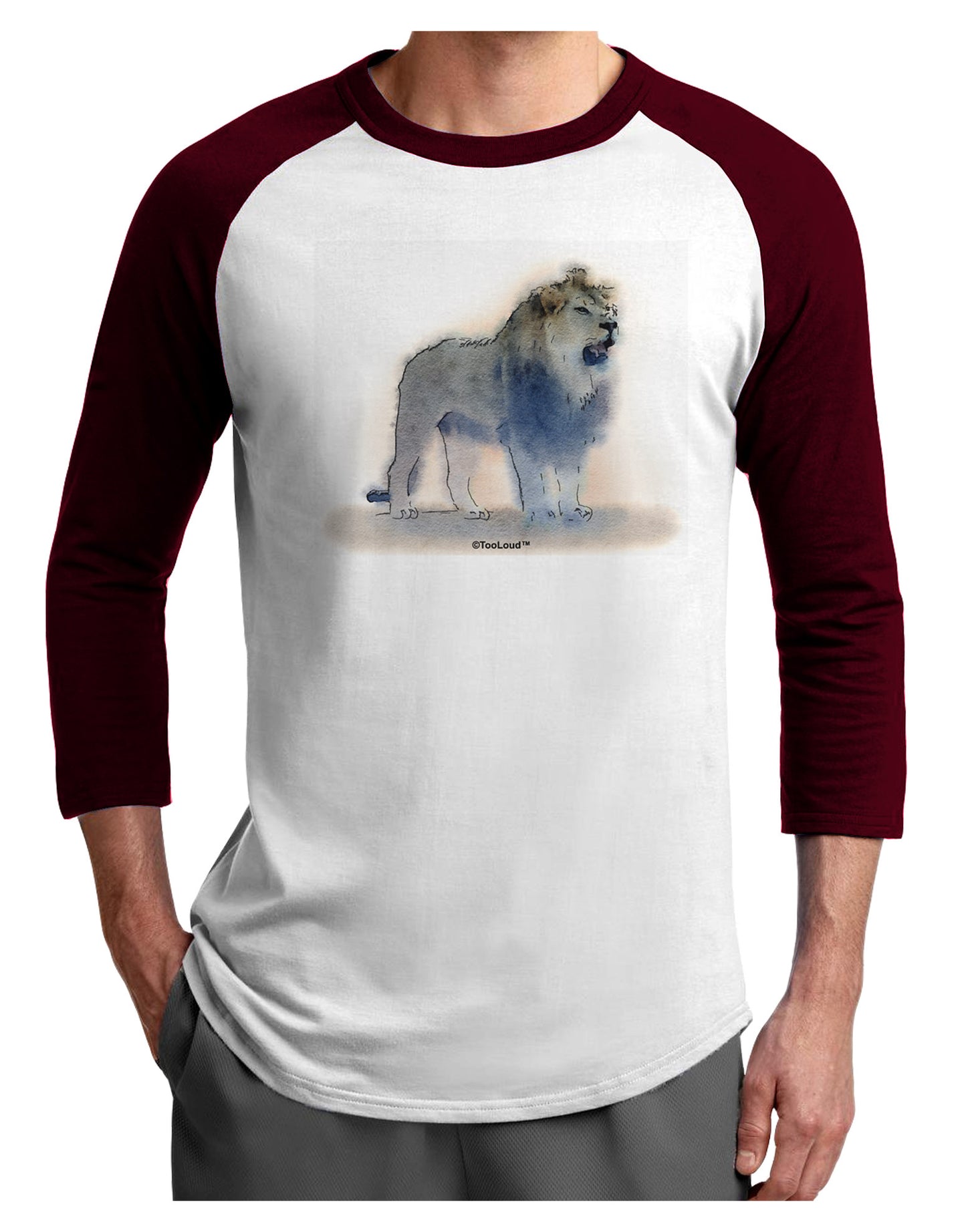 Lion Watercolor B Adult Raglan Shirt-TooLoud-White-Cardinal-X-Small-Davson Sales