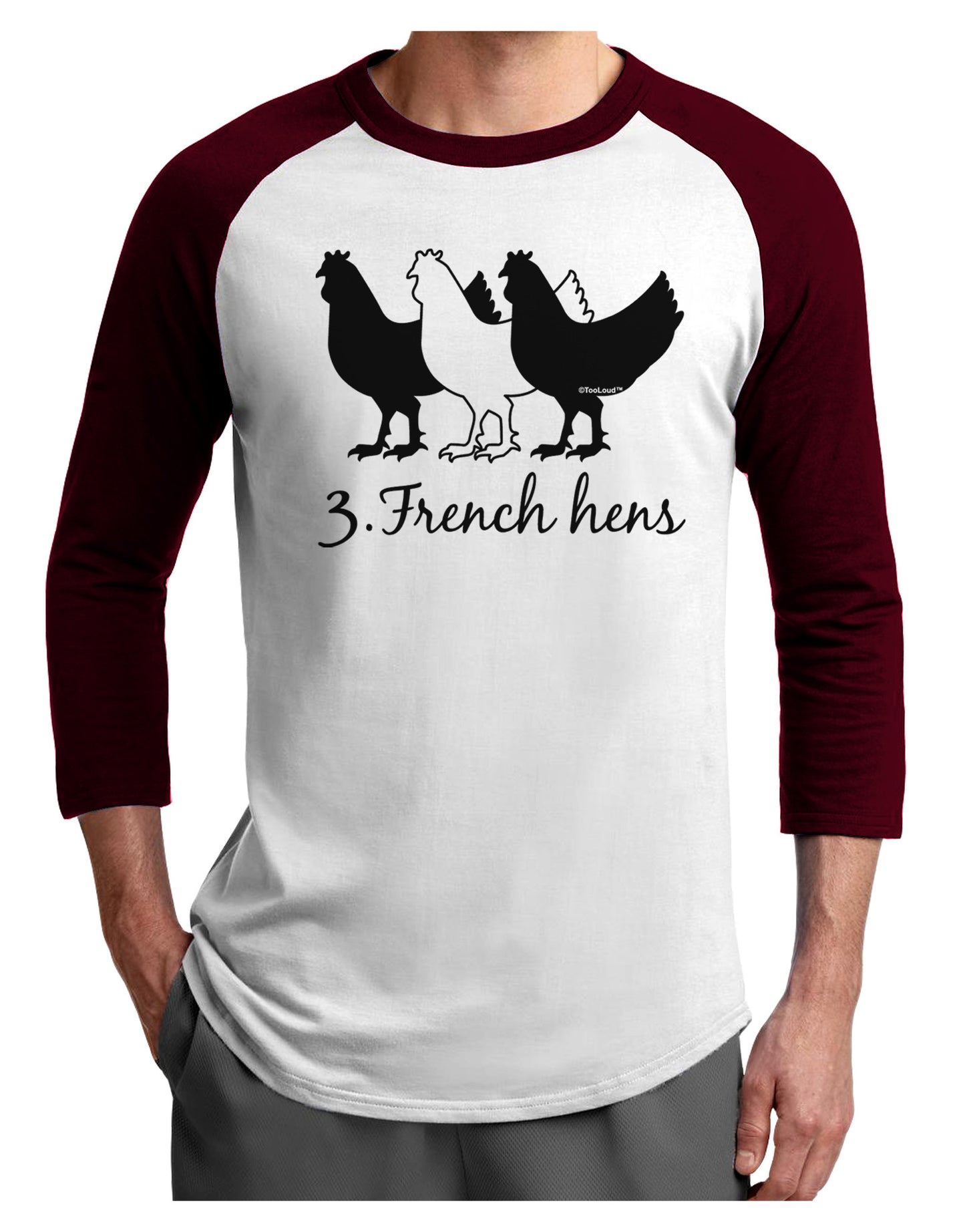 Three French Hens Text Adult Raglan Shirt-TooLoud-White-Cardinal-X-Small-Davson Sales