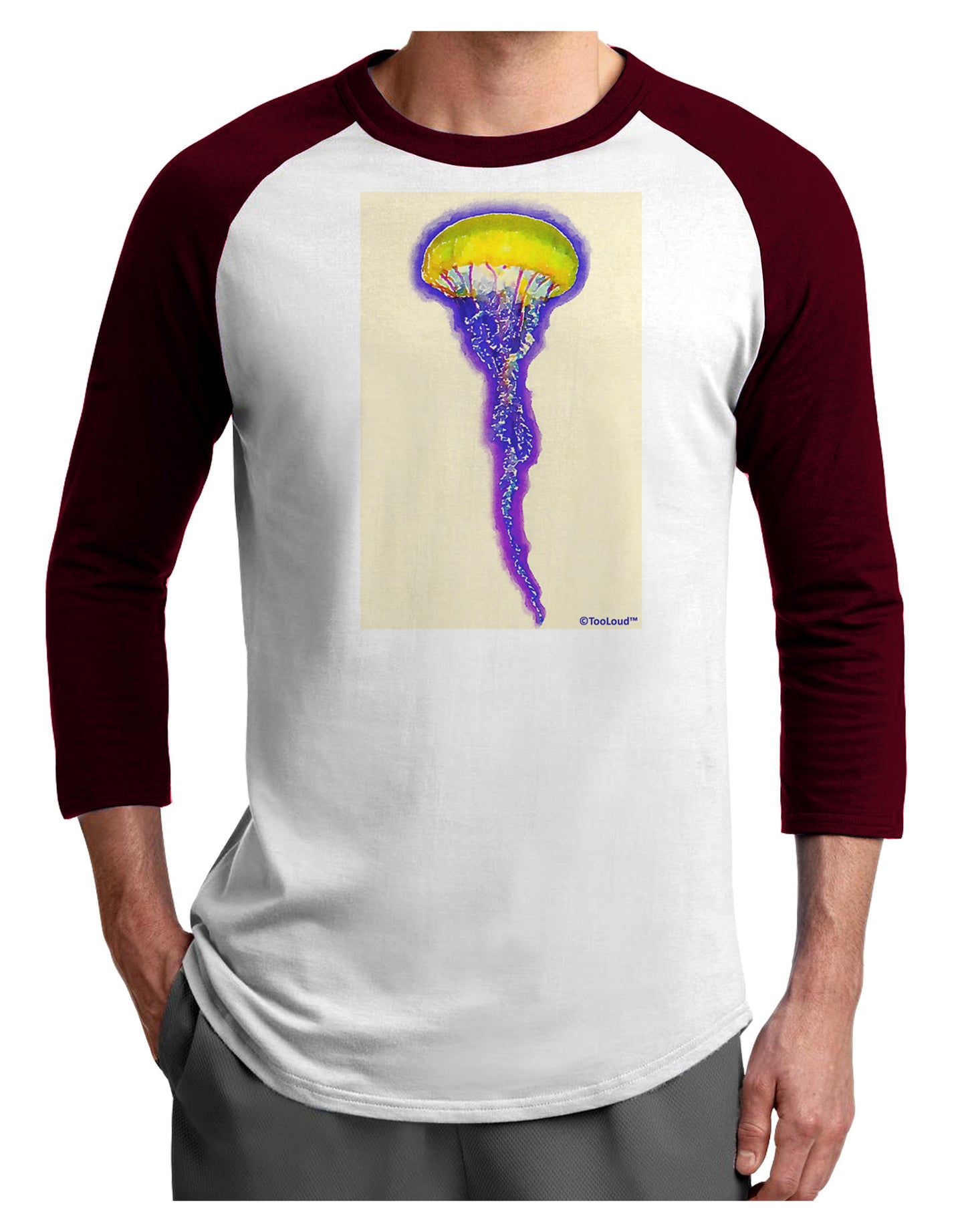 Jellyfish Outlined in Purple Watercolor Adult Raglan Shirt-TooLoud-White-Cardinal-X-Small-Davson Sales