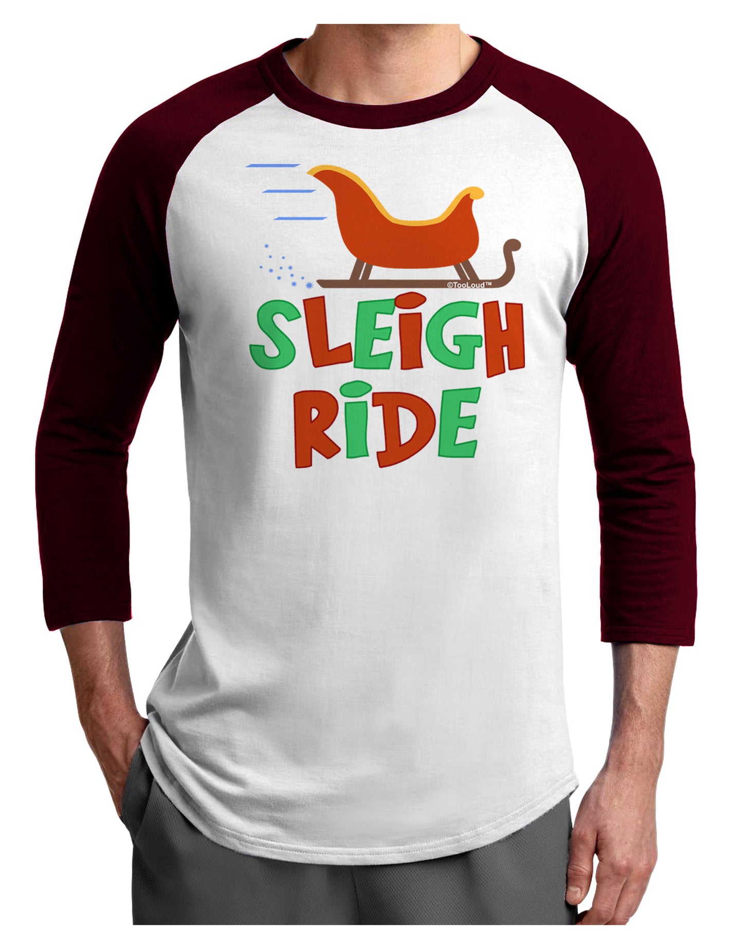 Sleigh Ride Color Adult Raglan Shirt-TooLoud-White-Cardinal-X-Small-Davson Sales