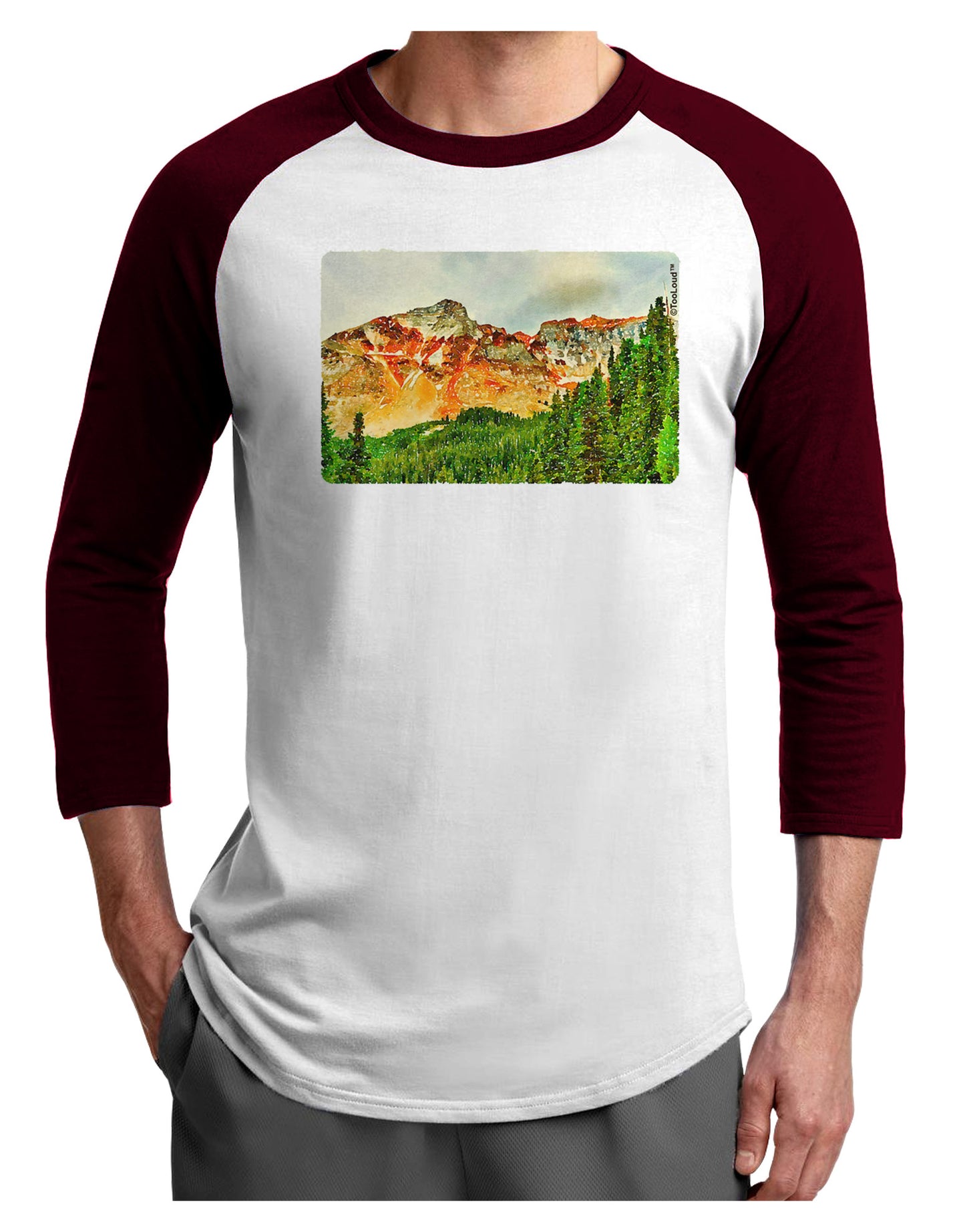 Colorado Forrest Watercolor Adult Raglan Shirt-TooLoud-White-Cardinal-X-Small-Davson Sales