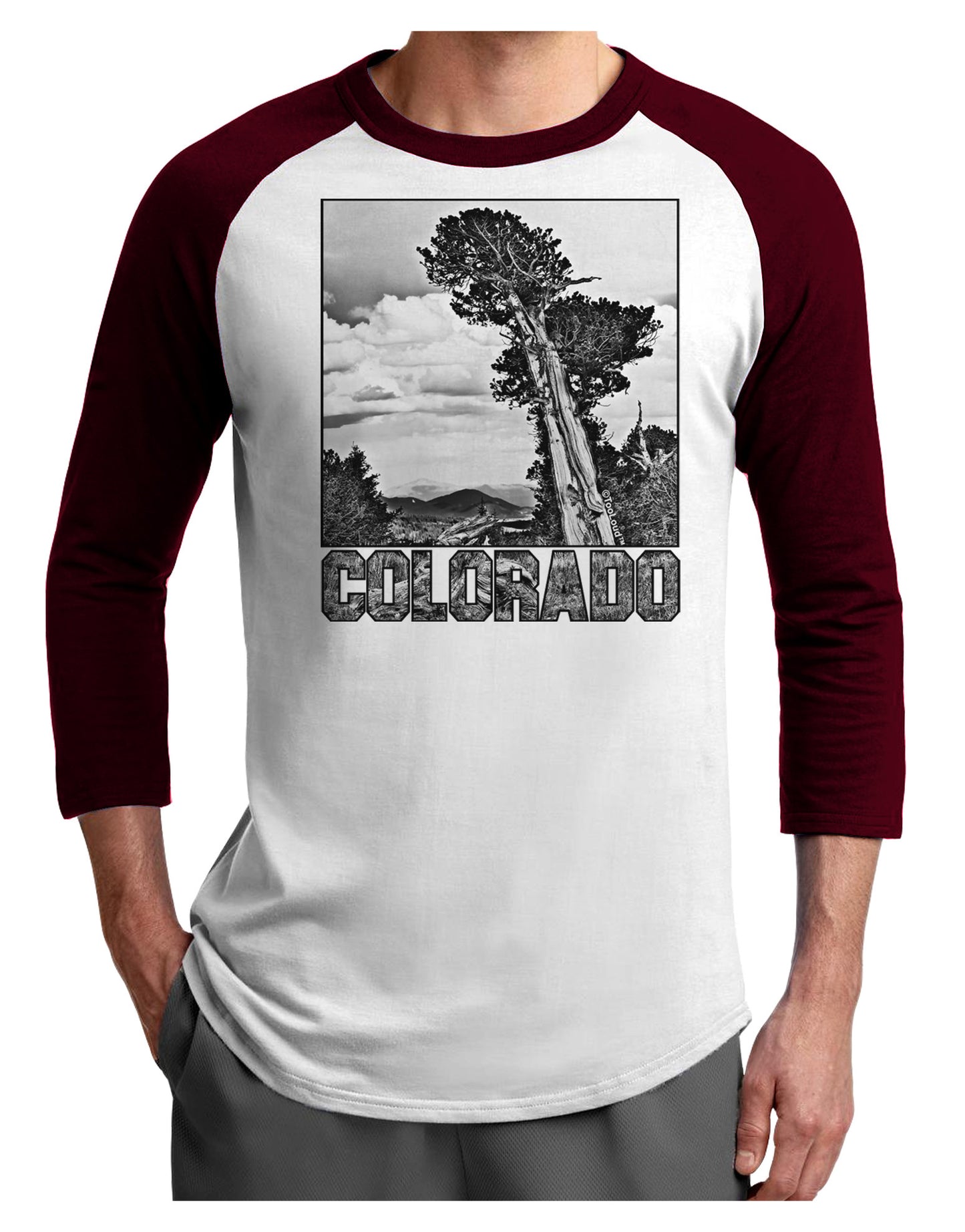 Colorado Landscape Text BW Adult Raglan Shirt-TooLoud-White-Cardinal-X-Small-Davson Sales