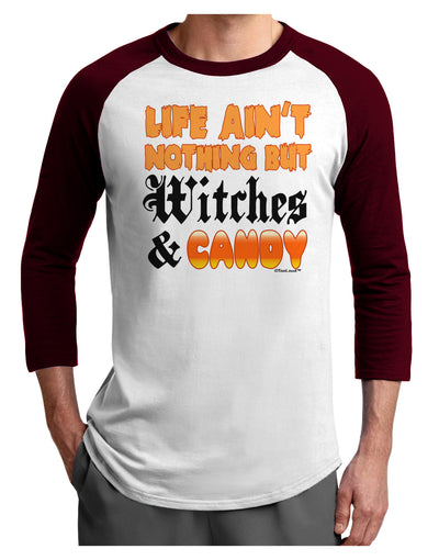 TooLoud Witches and Candy Color Adult Raglan Shirt-TooLoud-White-Cardinal-X-Small-Davson Sales