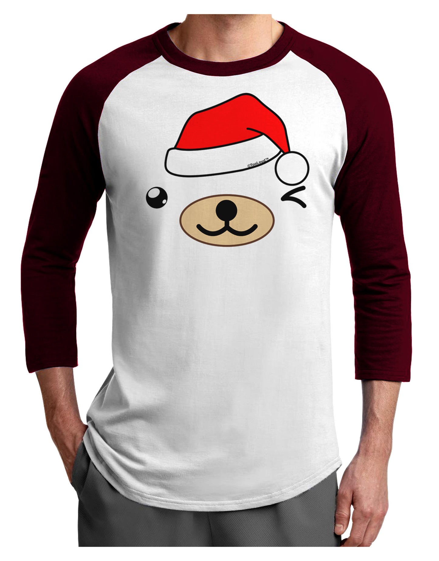 Kyu-T Face Beartholomew Santa Boy Bear Adult Raglan Shirt-Raglan Shirt-TooLoud-White-Cardinal-X-Small-Davson Sales