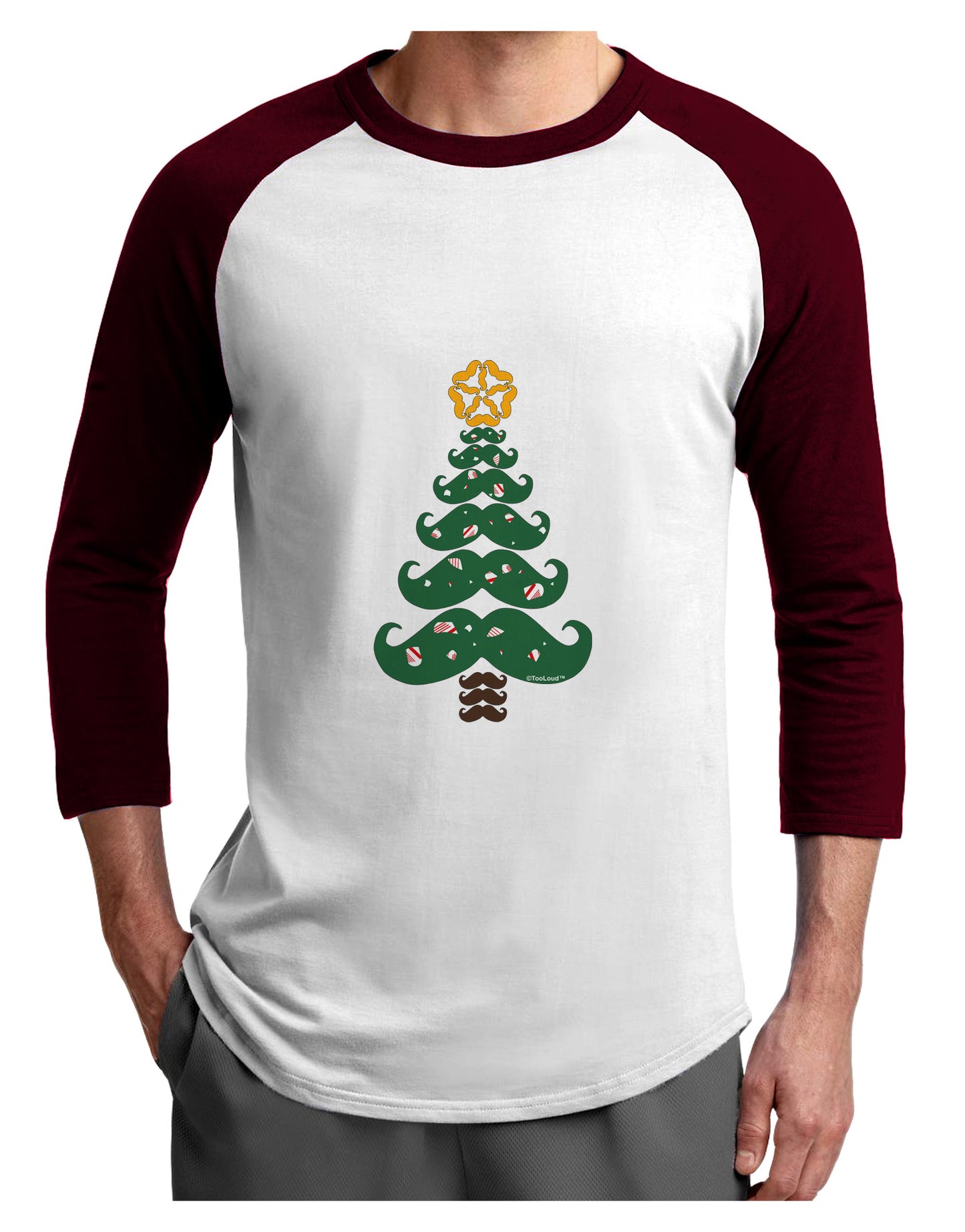 Mustache Christmas Tree Adult Raglan Shirt-TooLoud-White-Cardinal-X-Small-Davson Sales