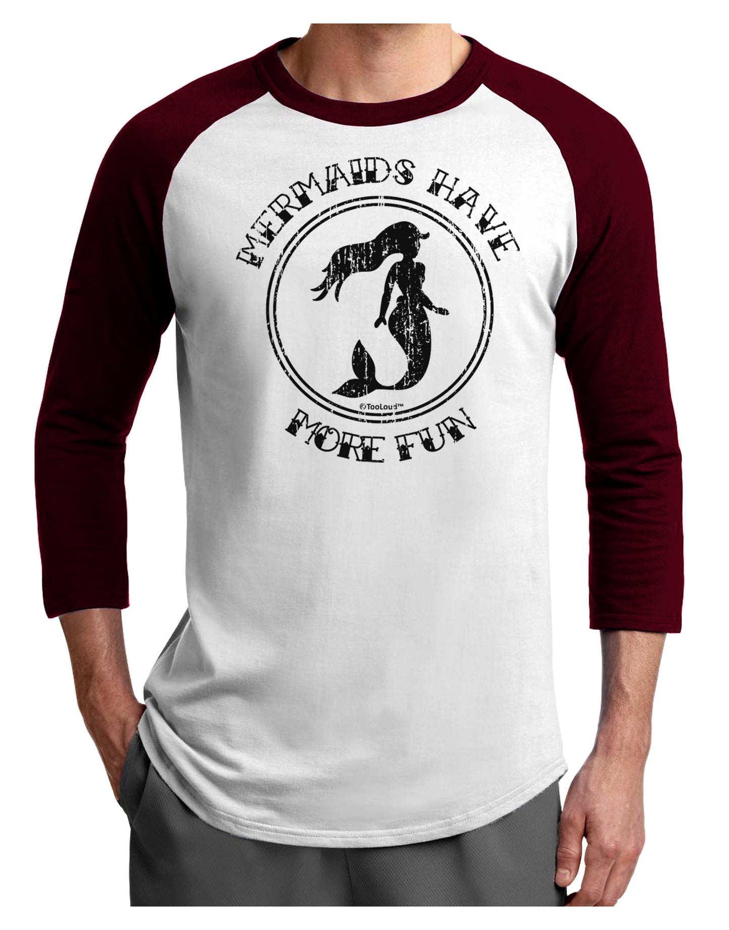 Mermaids Have More Fun - Distressed Adult Raglan Shirt-TooLoud-White-Cardinal-X-Small-Davson Sales