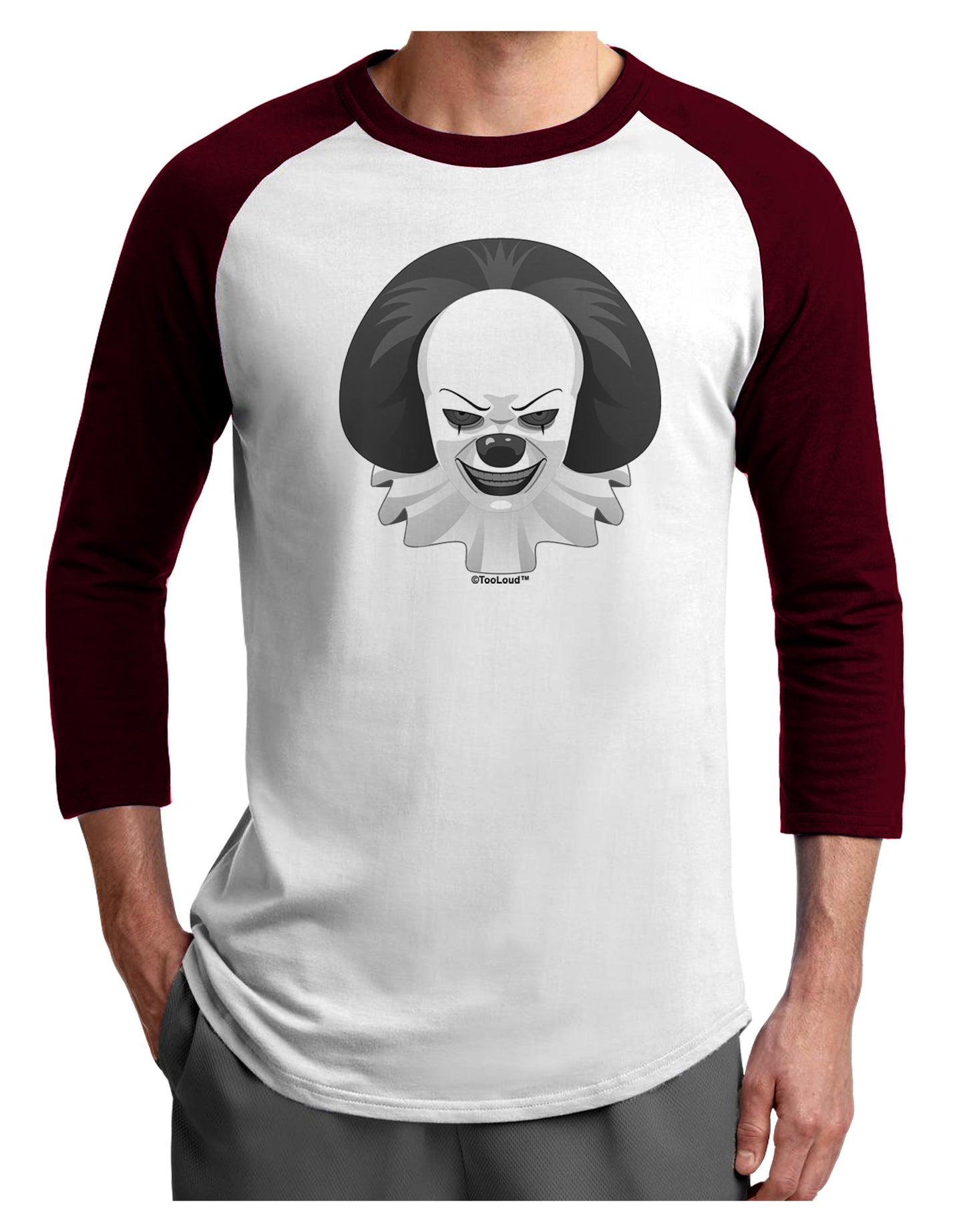 Scary Clown Grayscale Adult Raglan Shirt-TooLoud-White-Cardinal-X-Small-Davson Sales
