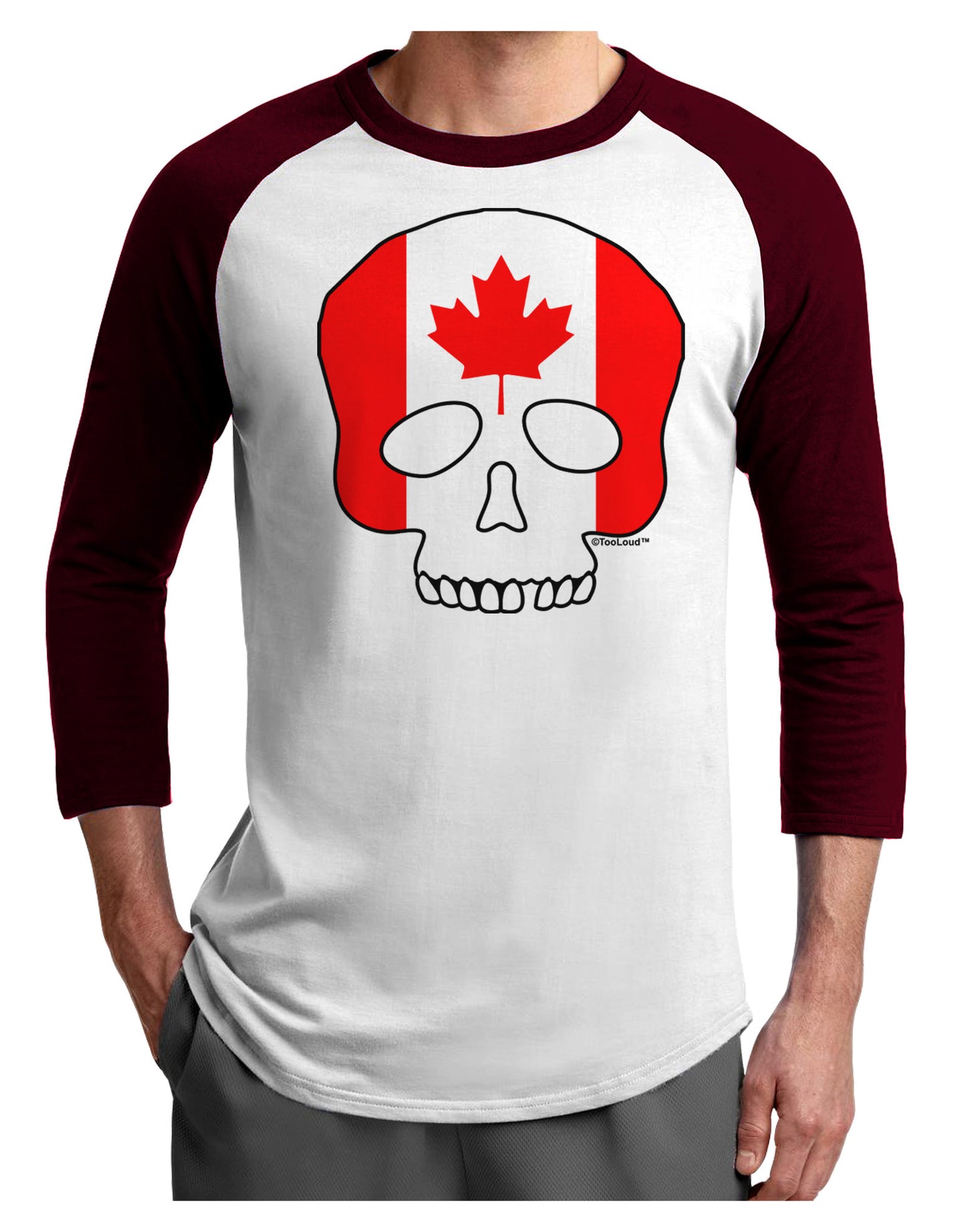 Skull Flag Canada Adult Raglan Shirt-Raglan Shirt-TooLoud-White-Cardinal-X-Small-Davson Sales