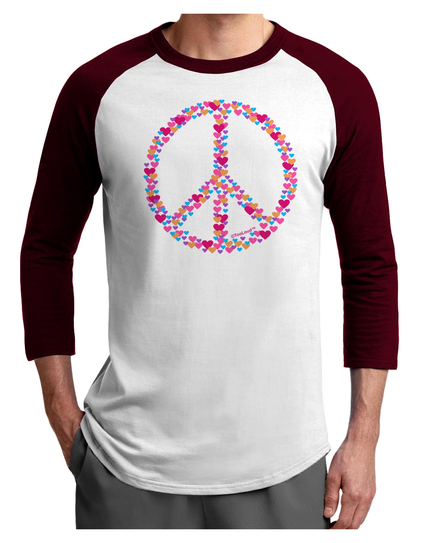 Peace Sign Hearts Adult Raglan Shirt-Raglan Shirt-TooLoud-White-Cardinal-X-Small-Davson Sales