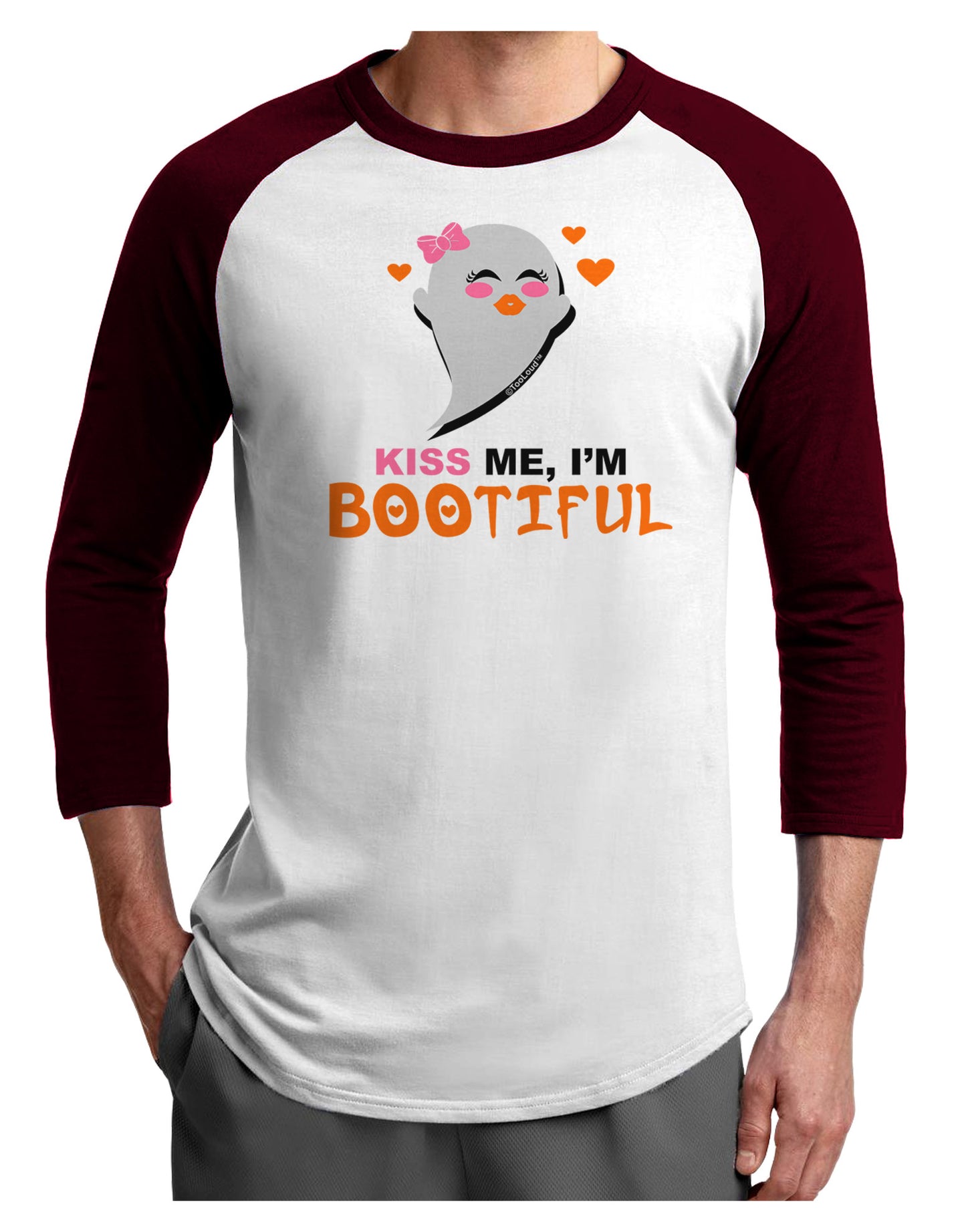 Kiss Me BOOtiful Ghost Orange Adult Raglan Shirt-Raglan Shirt-TooLoud-White-Cardinal-X-Small-Davson Sales
