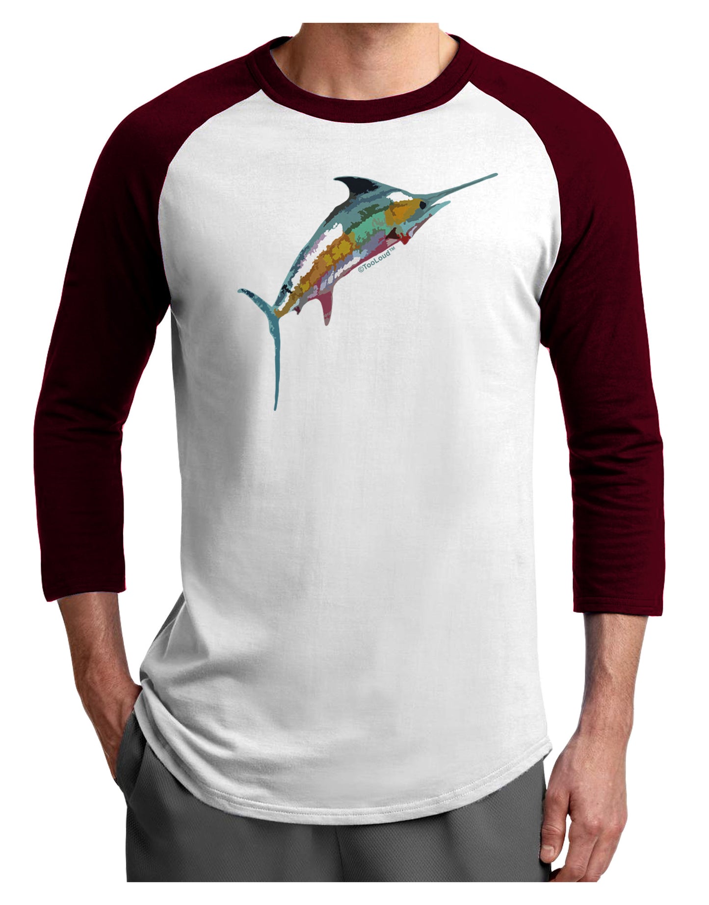Colorful Vector Swordfish Adult Raglan Shirt-Raglan Shirt-TooLoud-White-Cardinal-X-Small-Davson Sales