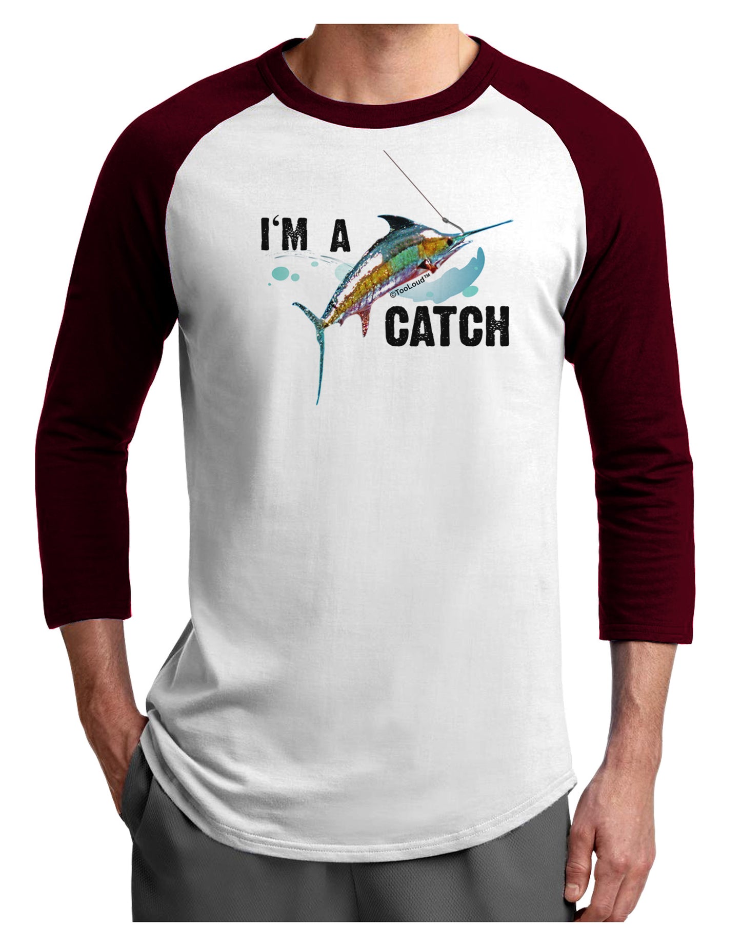 I'm A Catch Swordfish Adult Raglan Shirt-Raglan Shirt-TooLoud-White-Cardinal-X-Small-Davson Sales