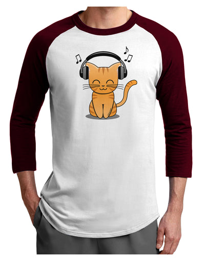 Cute Kitty With Headphones Adult Raglan Shirt-TooLoud-White-Cardinal-X-Small-Davson Sales