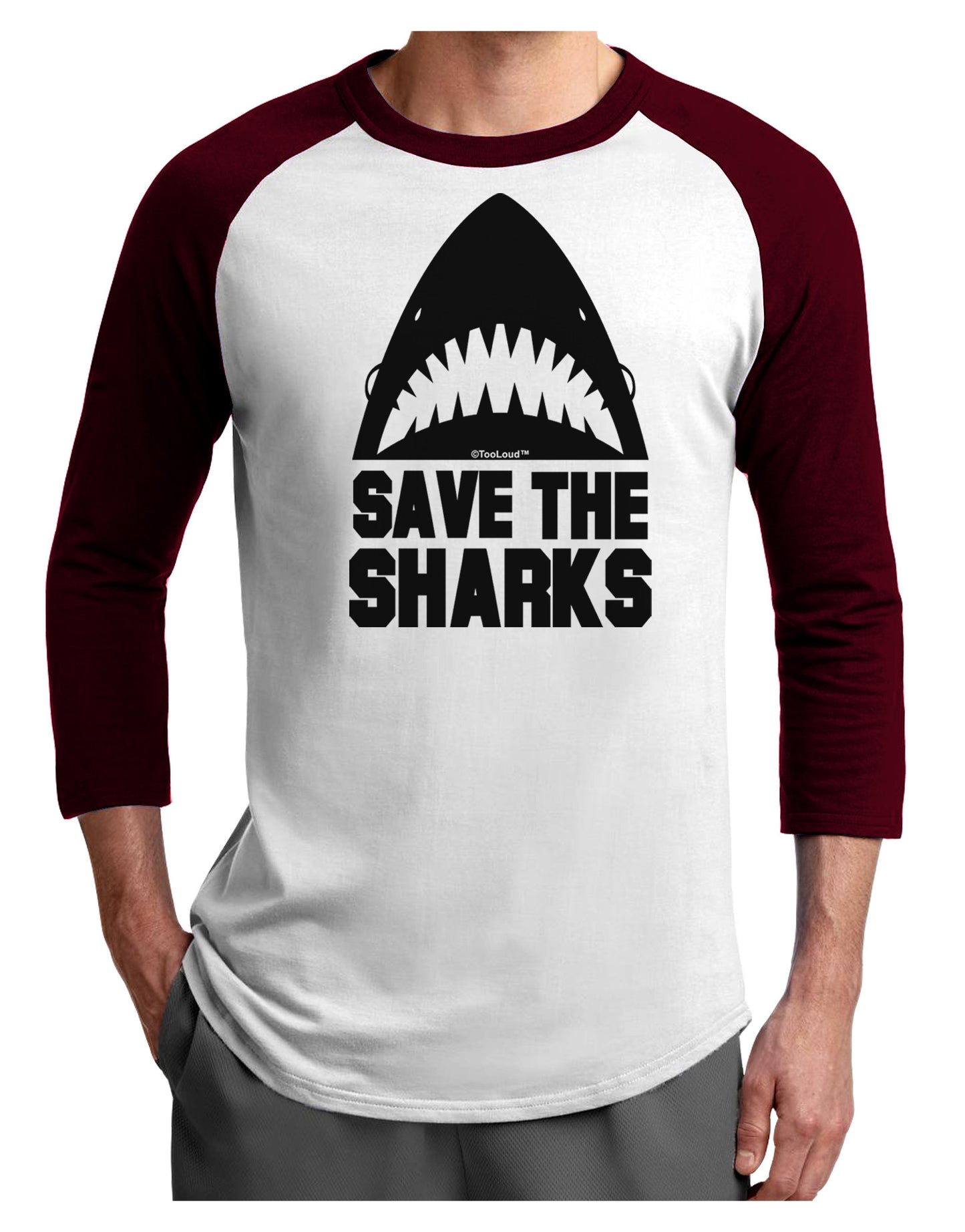 Save The Sharks Adult Raglan Shirt-TooLoud-White-Cardinal-X-Small-Davson Sales