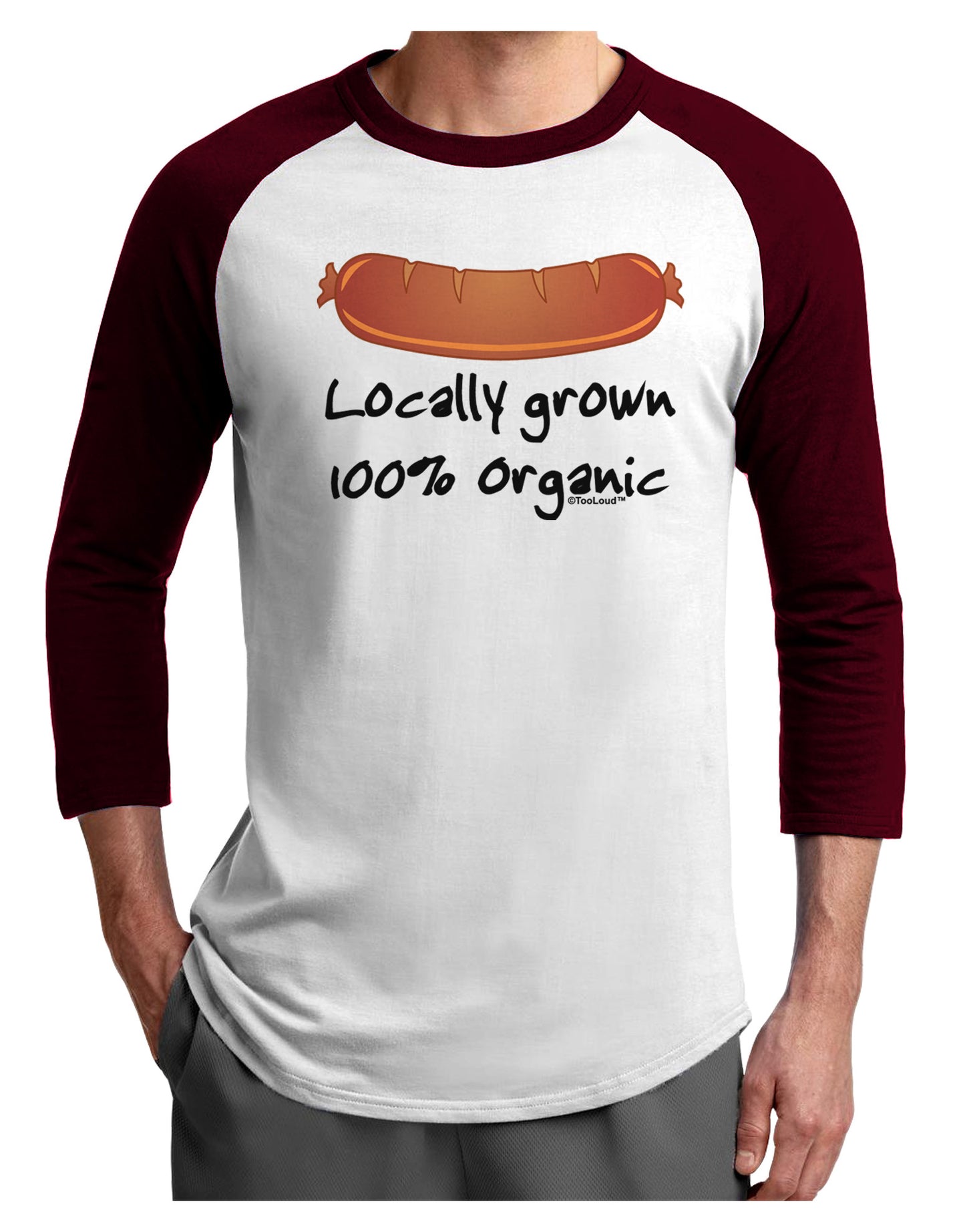 Locally Grown Organic Sausage Adult Raglan Shirt-TooLoud-White-Cardinal-X-Small-Davson Sales