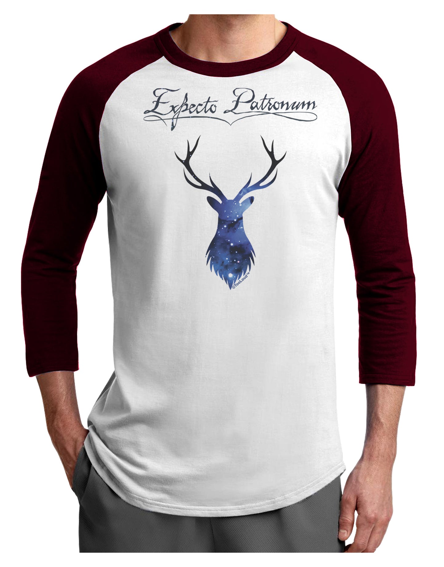 Expecto Patronum Space Stag Adult Raglan Shirt-Raglan Shirt-TooLoud-White-Cardinal-X-Small-Davson Sales