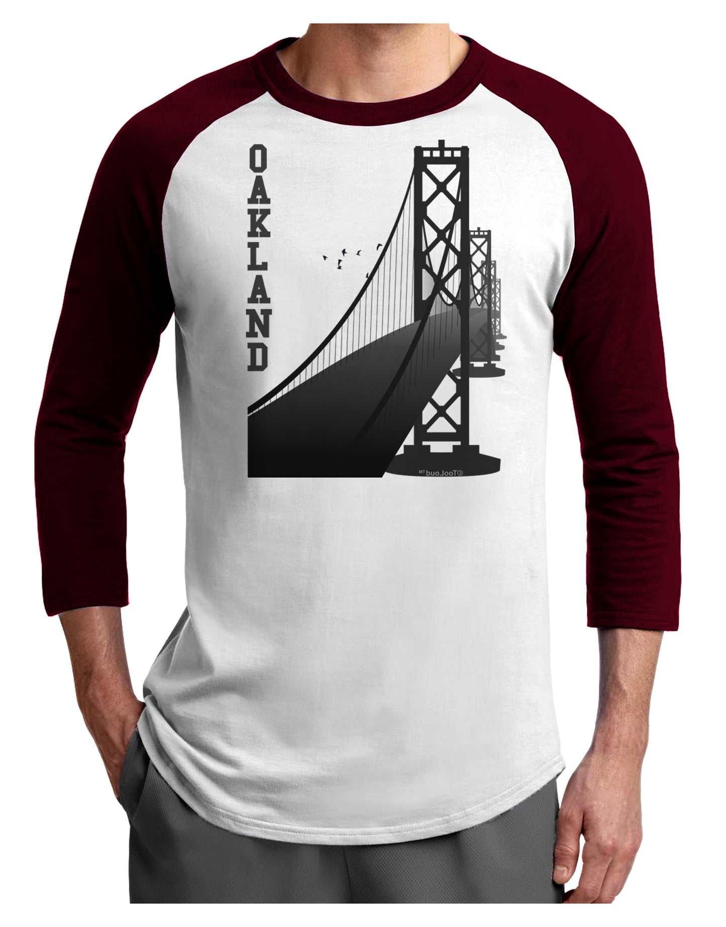 Oakland Text Bay Bridge Adult Raglan Shirt-Raglan Shirt-TooLoud-White-Cardinal-X-Small-Davson Sales