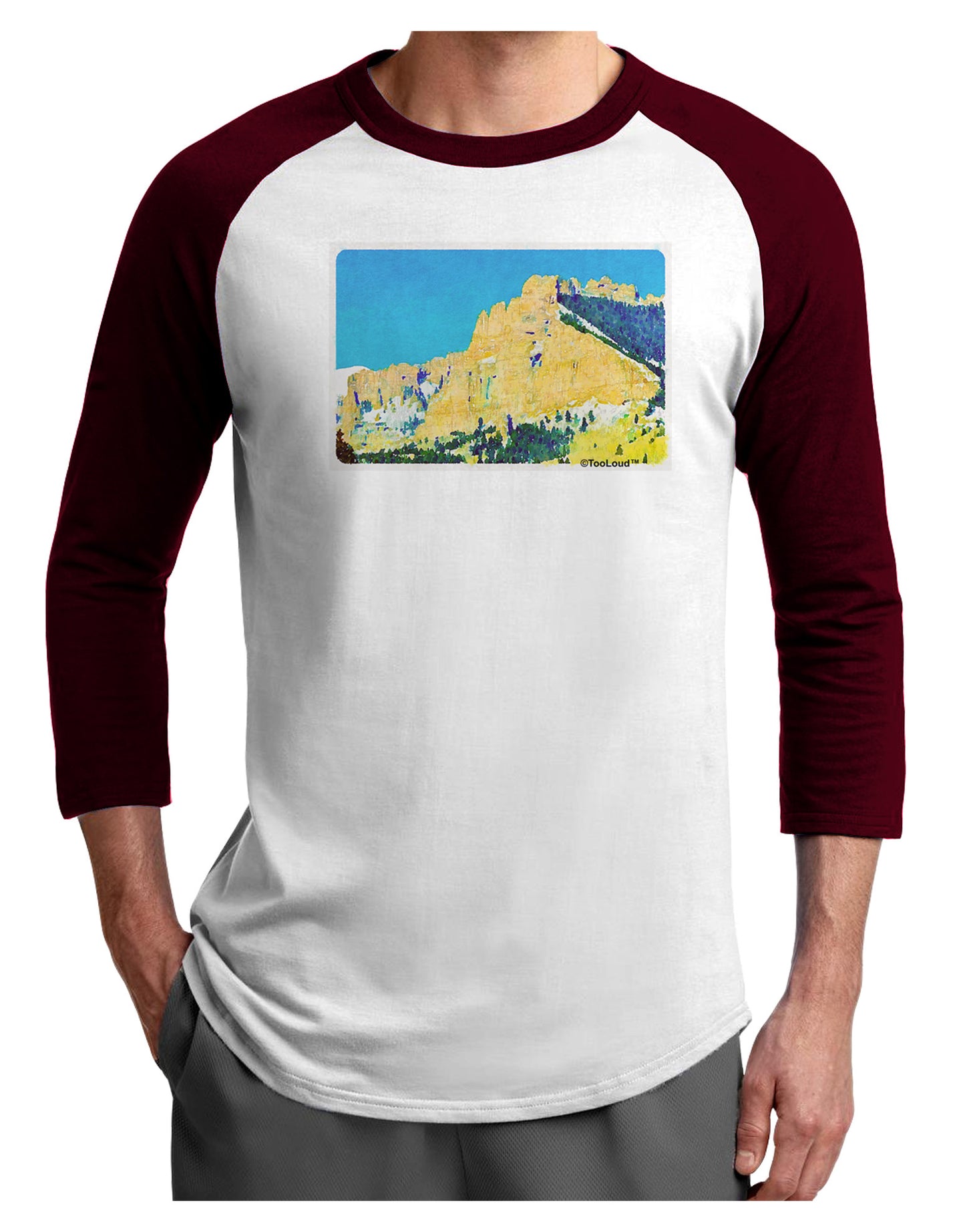 Colorado Snowy Mtns WaterColor Adult Raglan Shirt-Raglan Shirt-TooLoud-White-Cardinal-X-Small-Davson Sales